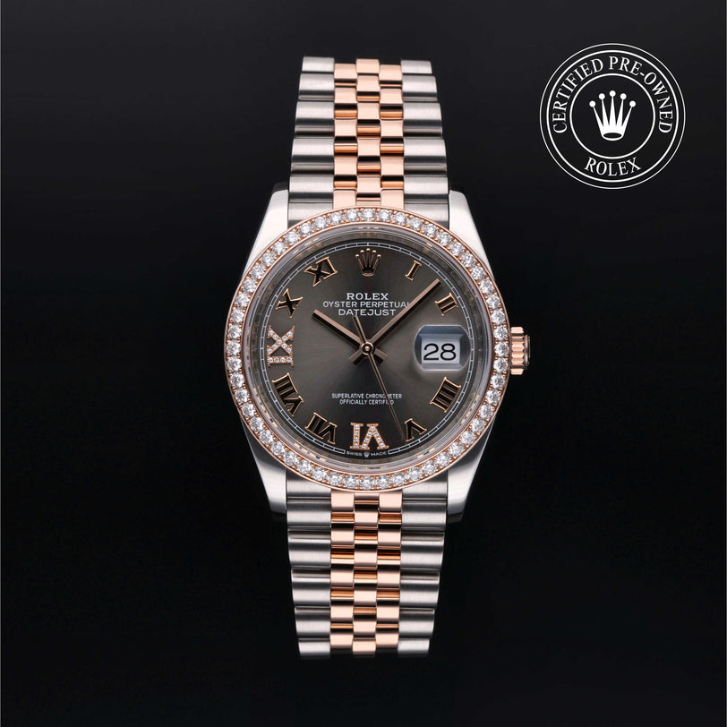 Rolex Certified Pre-owned Datejust M126281RBR-0011 front on black background