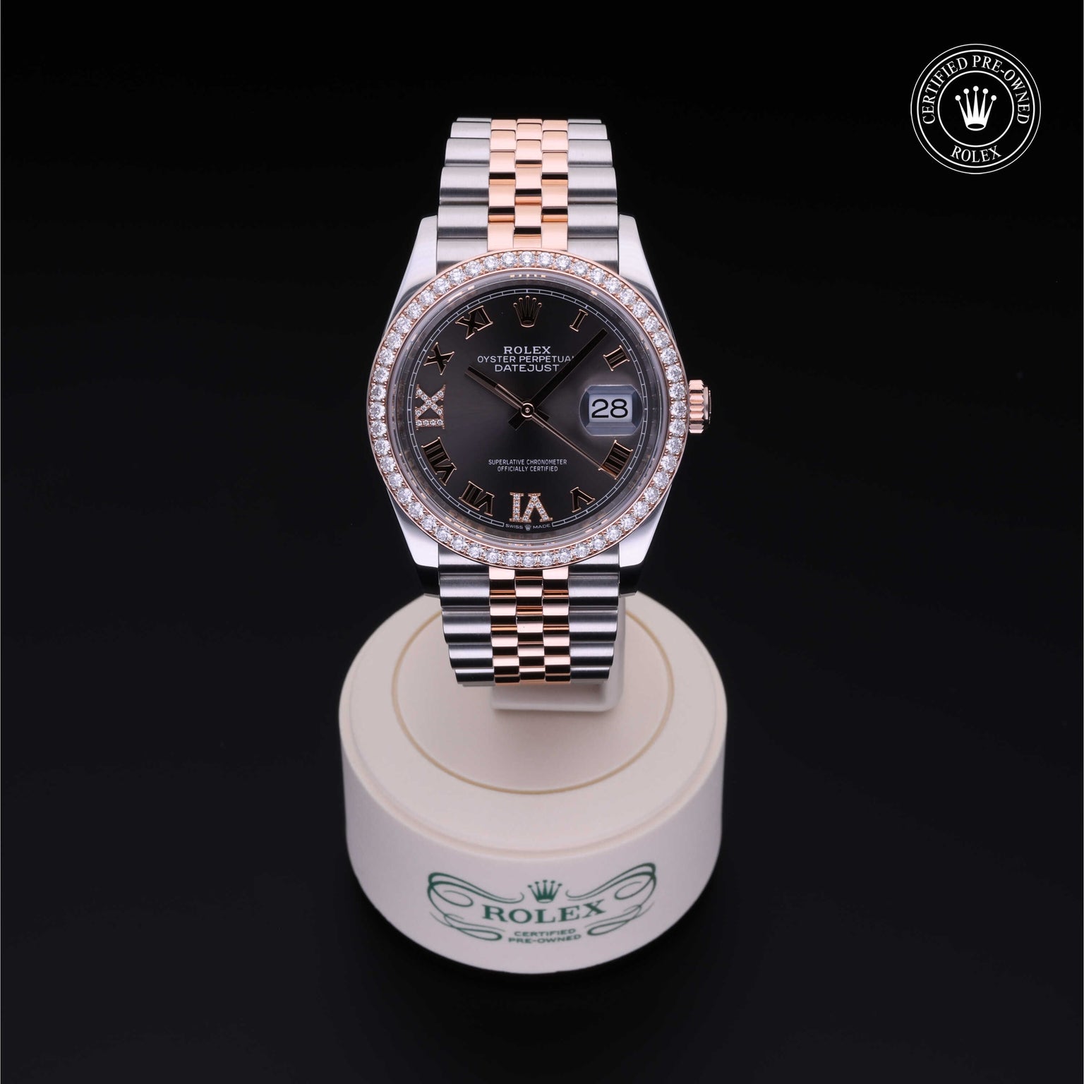 Rolex Certified Pre-owned Datejust M126281RBR-0011 front on black background