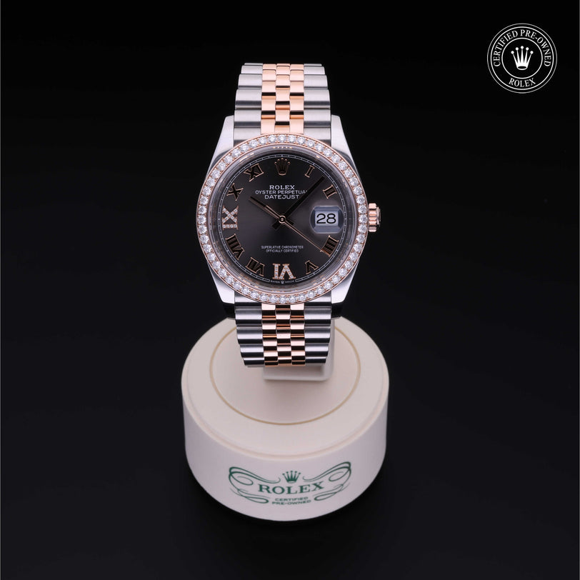 Rolex Certified Pre-owned Datejust M126281RBR-0011 front on black background