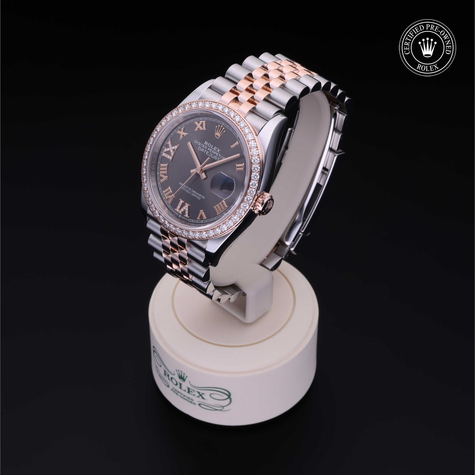 Rolex Certified Pre-owned Datejust M126281RBR-0011 front on black background