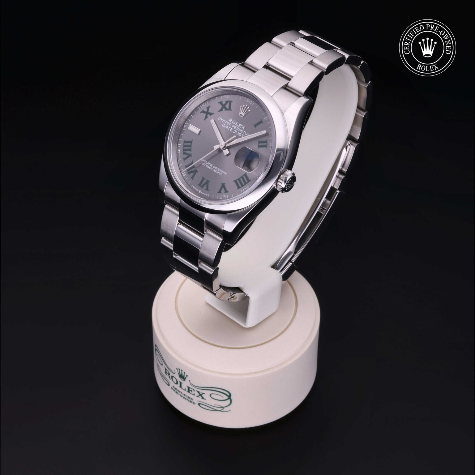Rolex Certified Pre-owned Datejust M126200-0018 front on black background