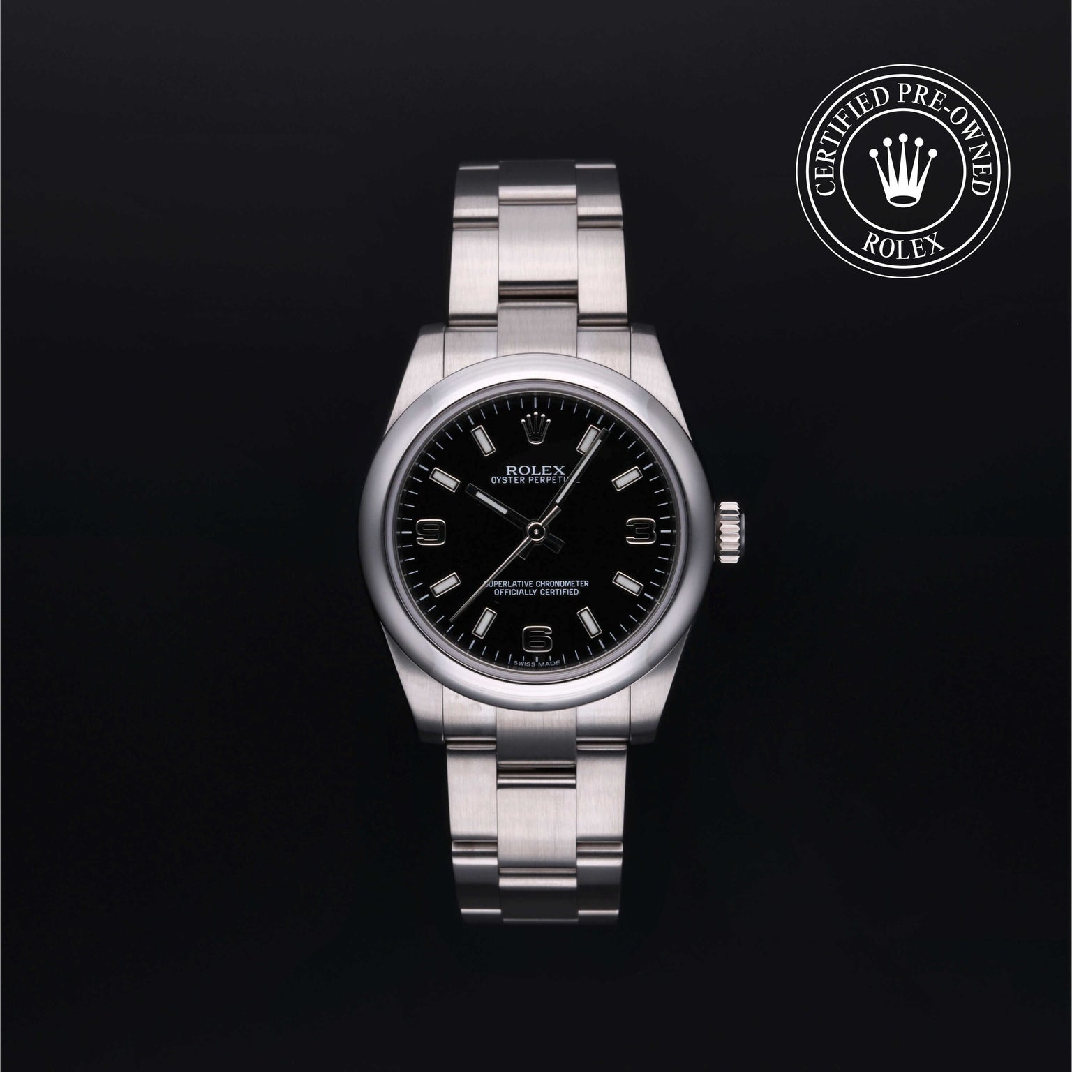 Rolex Certified Pre-owned Lady Oyster Perpetual M177200-0004 front on black background