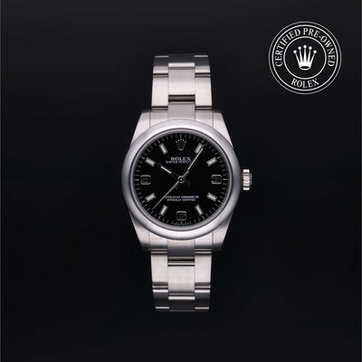 Rolex Certified Pre-owned Lady Oyster Perpetual M177200-0004 front on black background