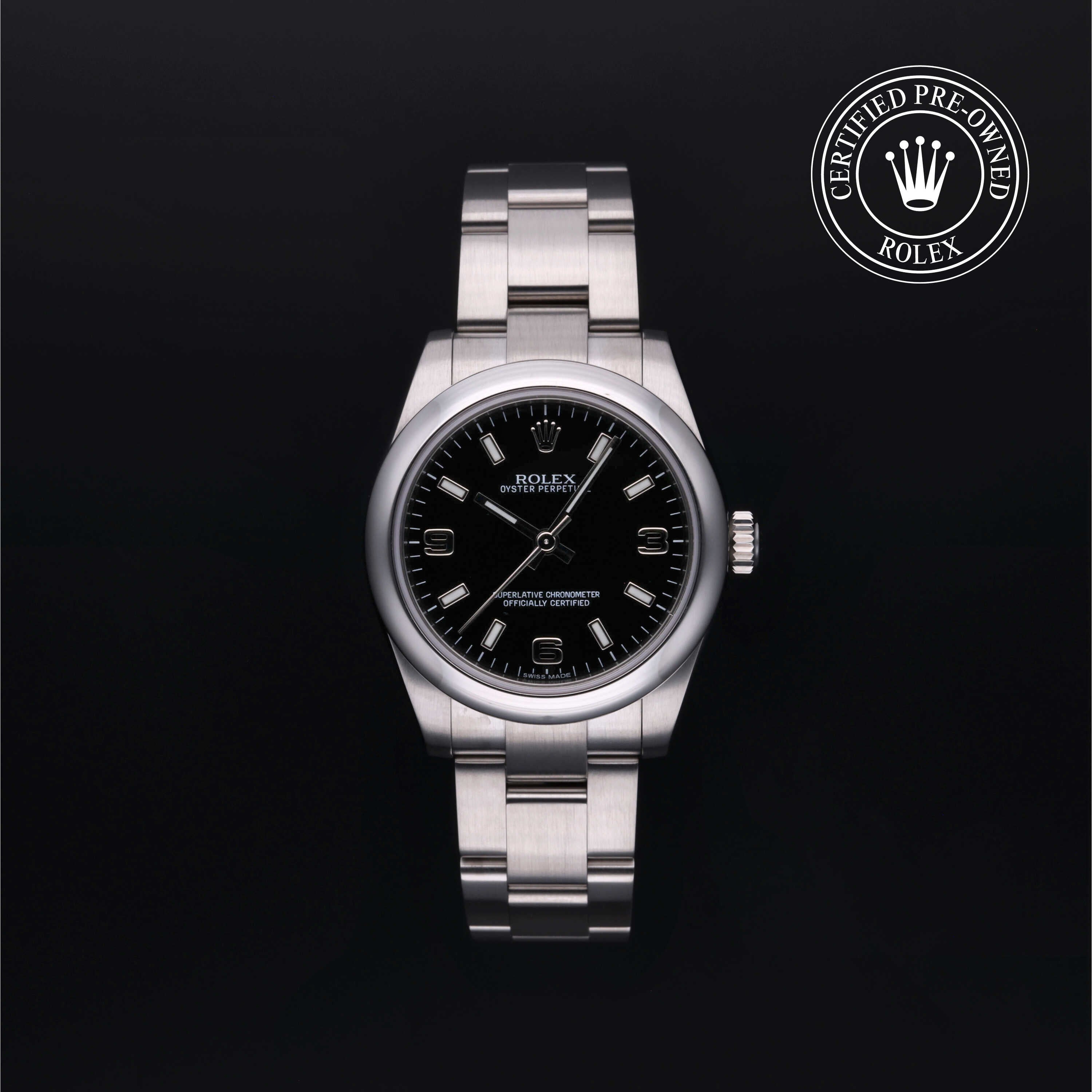 Rolex Certified Pre-owned Lady Oyster Perpetual M177200-0004 front on black background