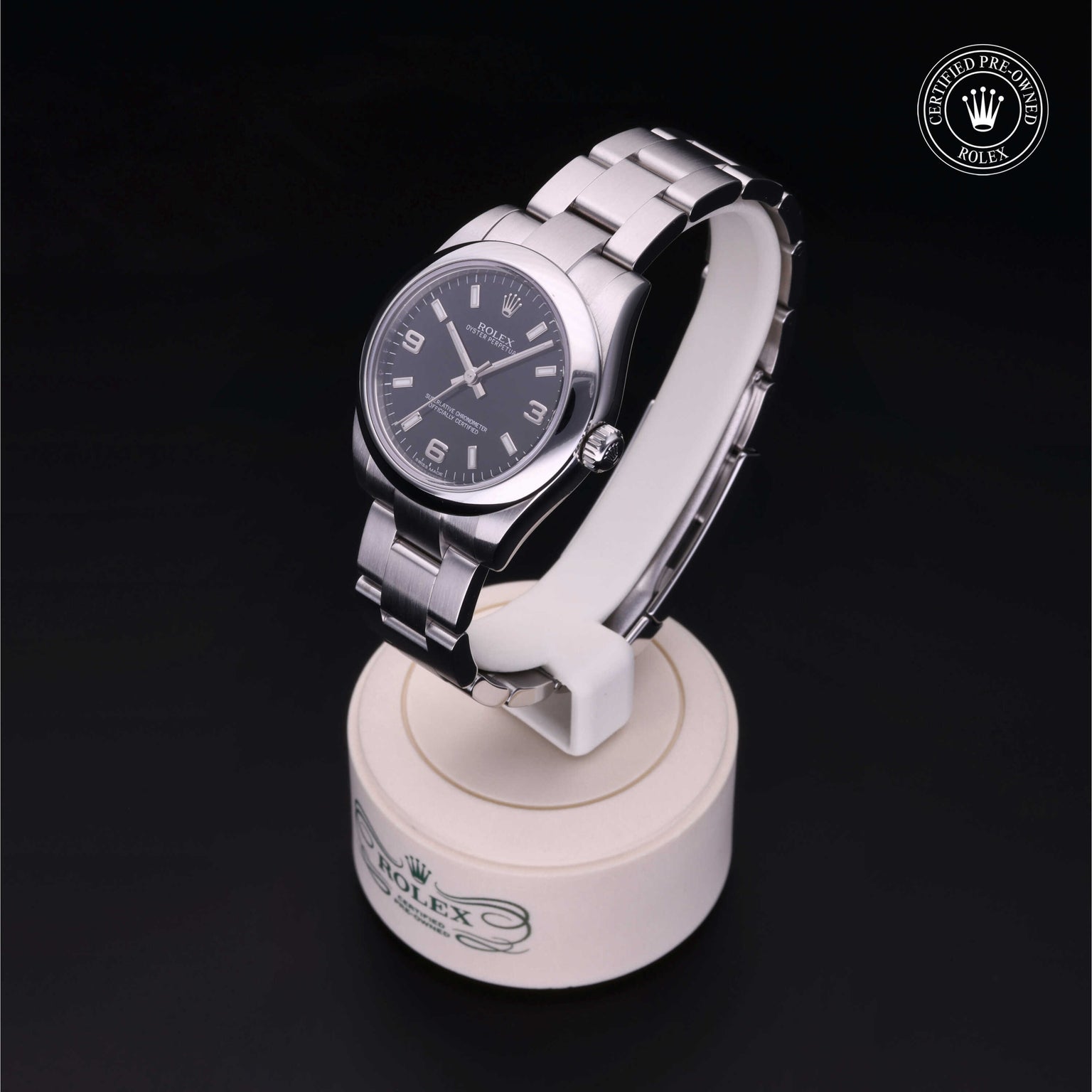 Rolex Certified Pre-owned Lady Oyster Perpetual M177200-0004 front on black background