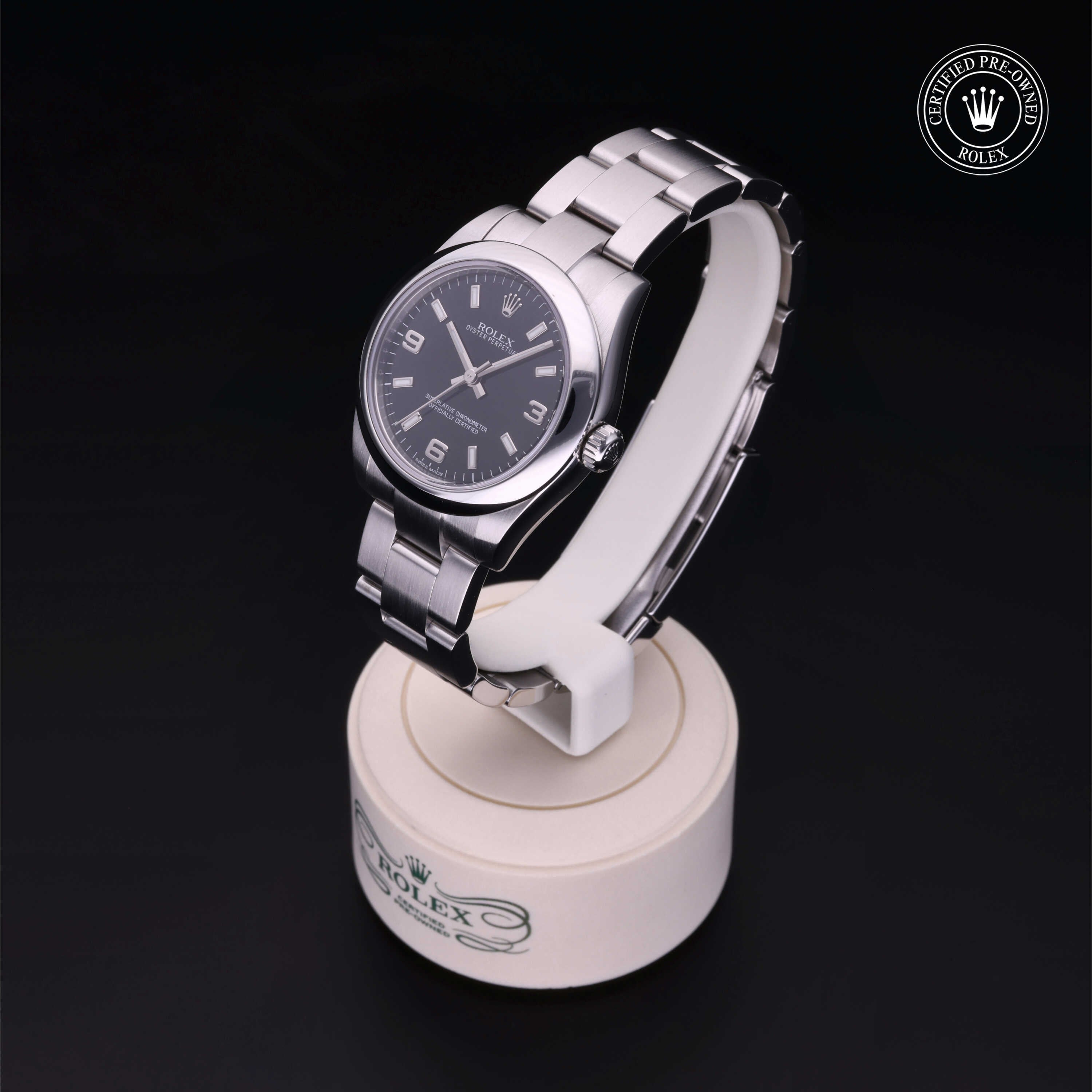 Rolex Certified Pre-owned Lady Oyster Perpetual M177200-0004 front on black background