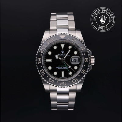 Rolex Certified Pre-owned GMT M116710LN-0001 front on black background