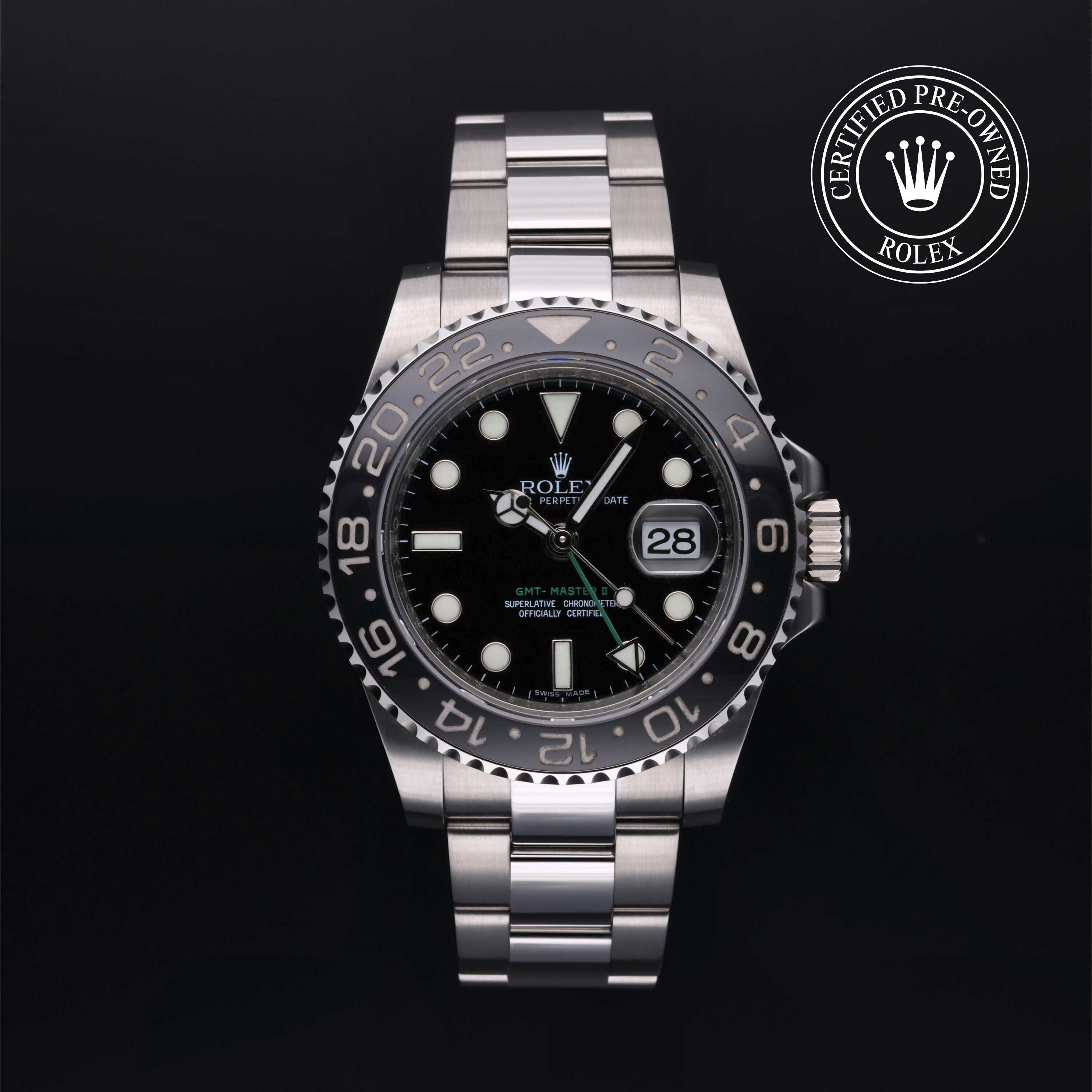 Rolex Certified Pre-owned GMT M116710LN-0001 front on black background