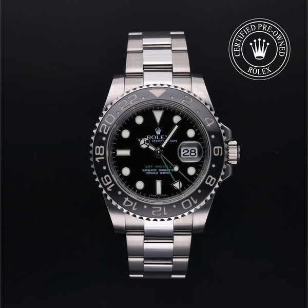 Rolex Certified Pre-owned GMT M116710LN-0001 front on black background