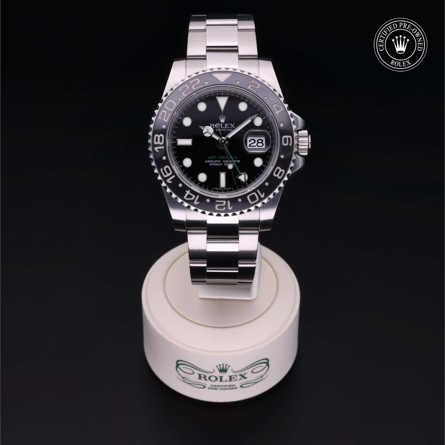 Rolex Certified Pre-owned GMT M116710LN-0001 front on black background