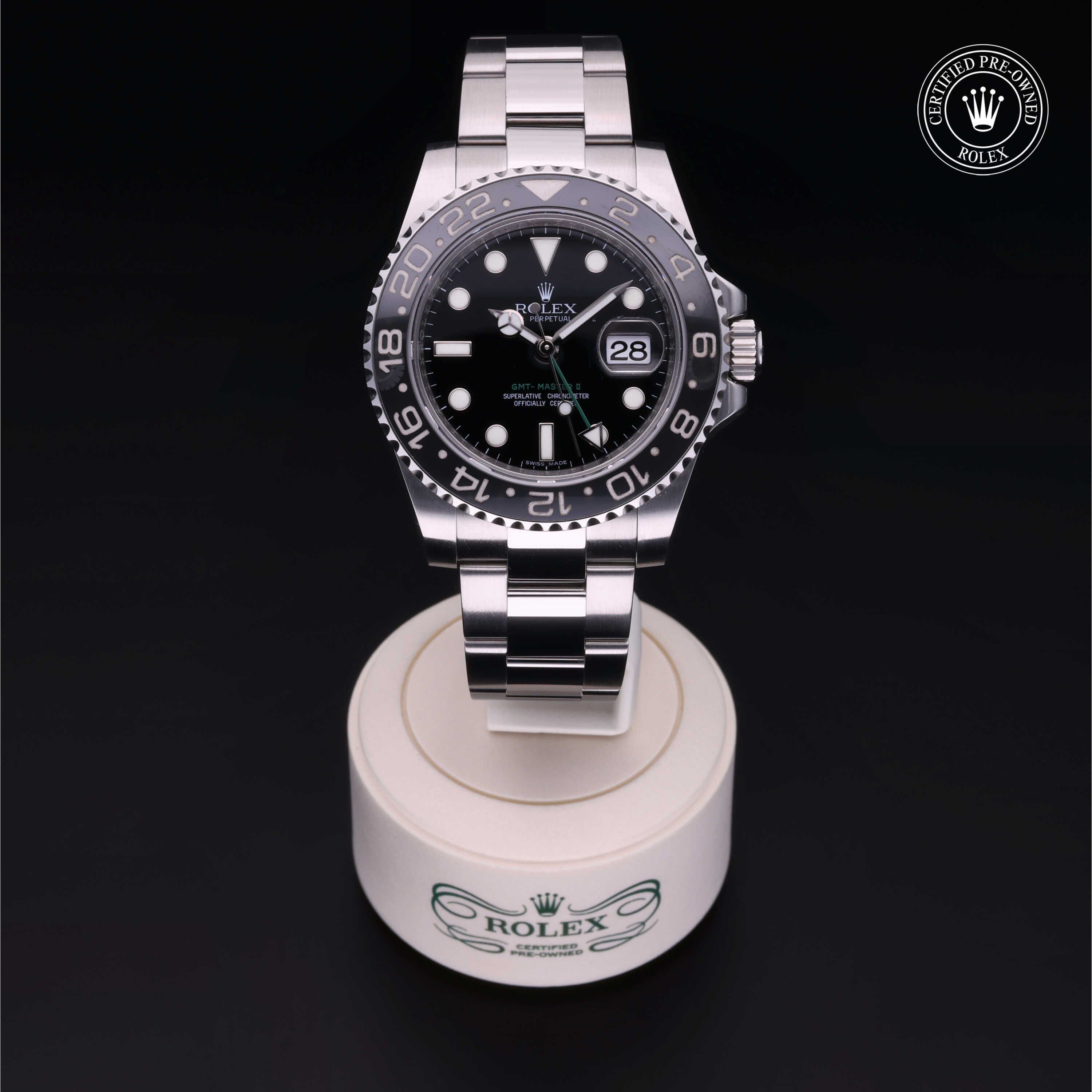 Rolex Certified Pre-owned GMT M116710LN-0001 front on black background