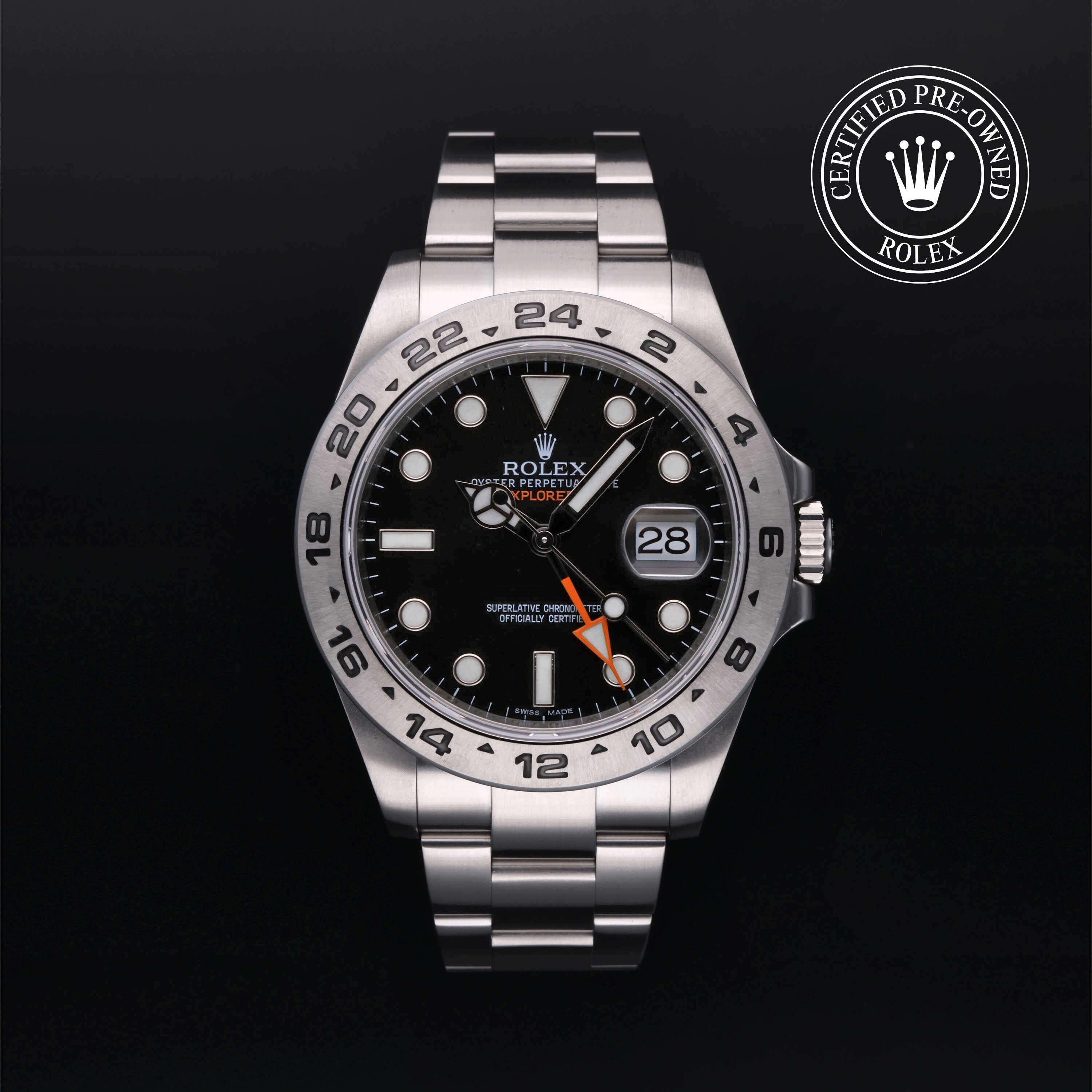 Rolex Certified Pre-owned Explorer M216570-0002 front on black background