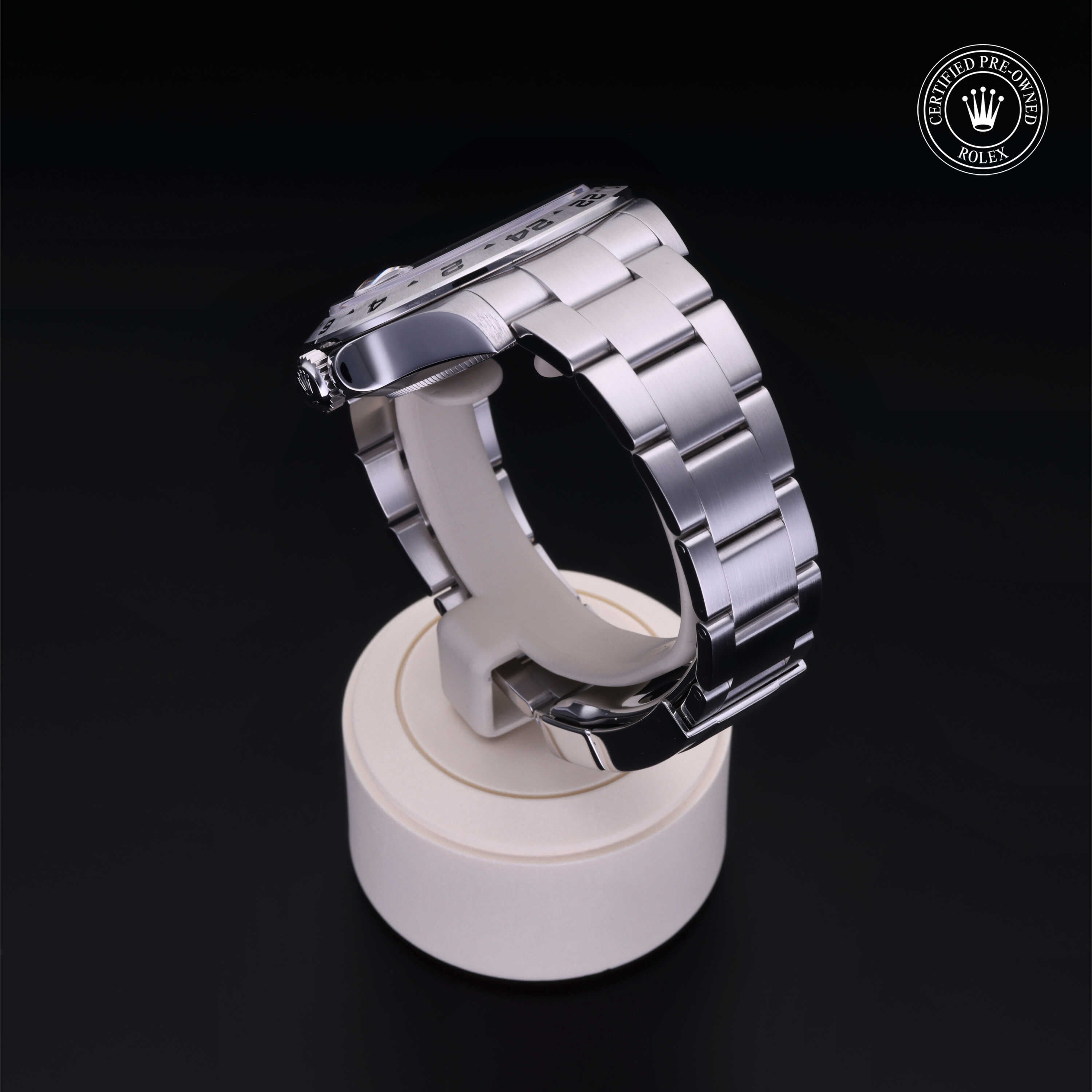 Rolex Certified Pre-owned Explorer M216570-0002 front on black background