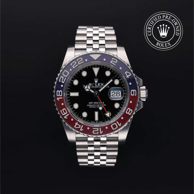 Rolex Certified Pre-owned GMT M126710BLRO-0001 front on black background