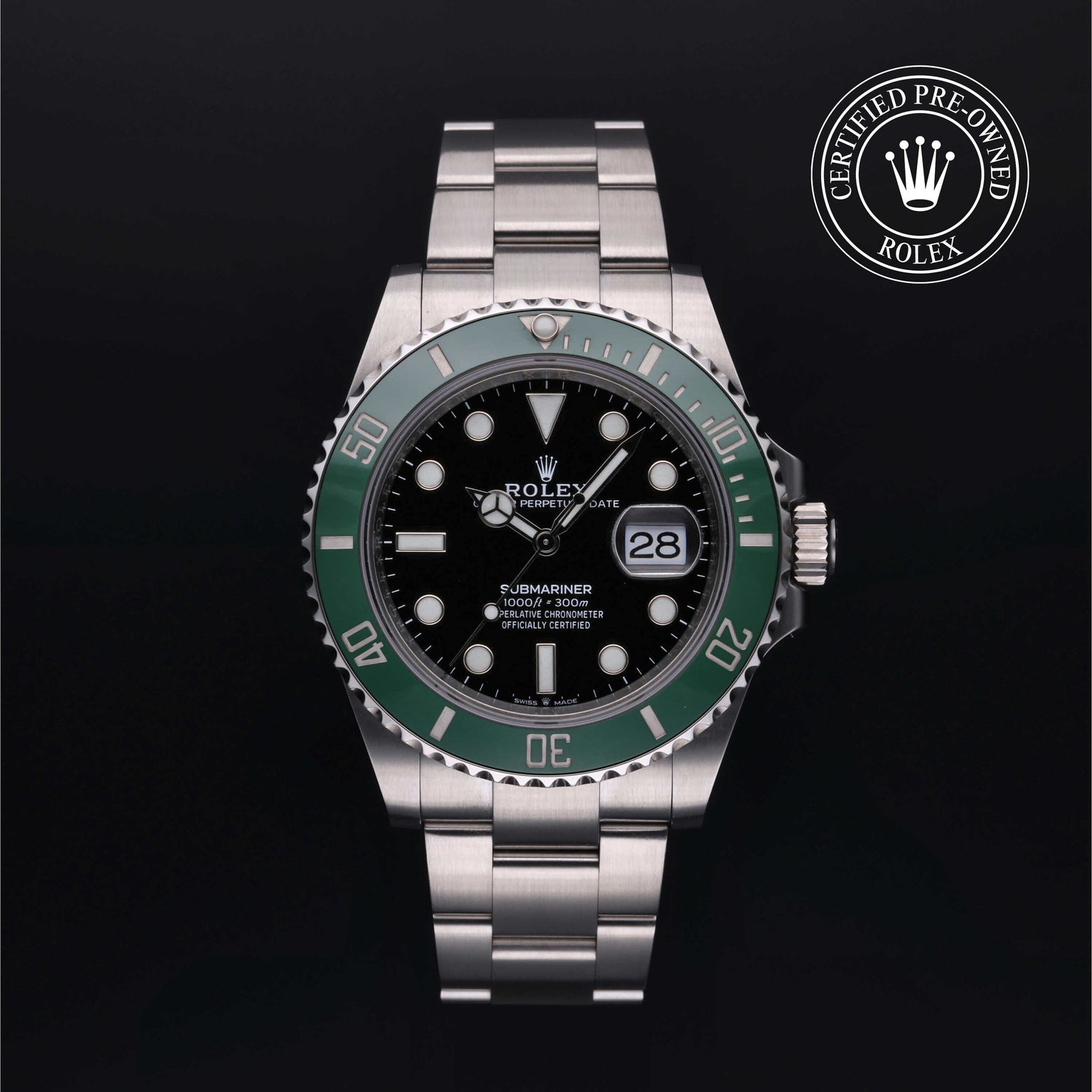 Rolex Certified Pre-owned Submariner M126610LV-0002 front on black background