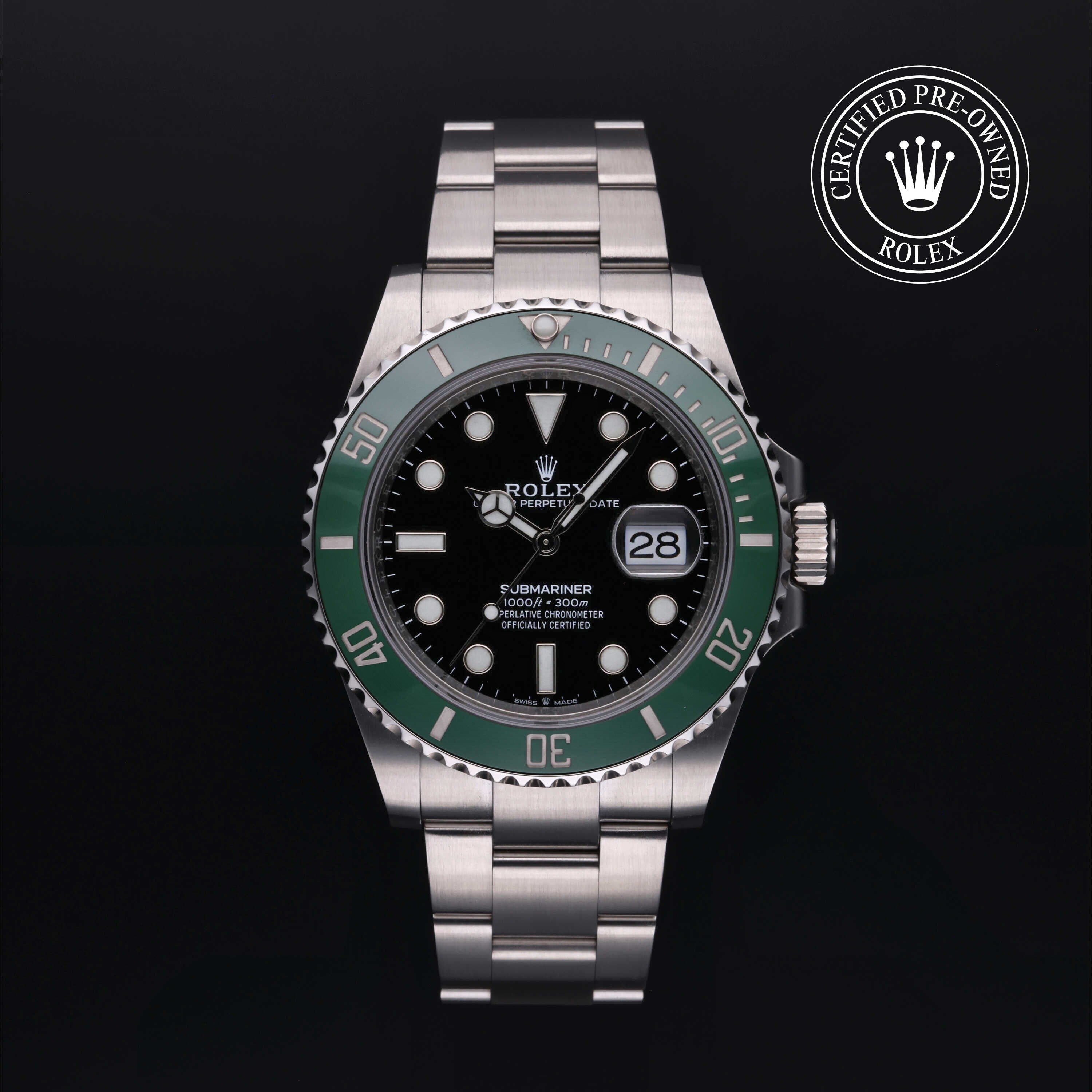 Rolex Certified Pre-owned Submariner M126610LV-0002 front on black background