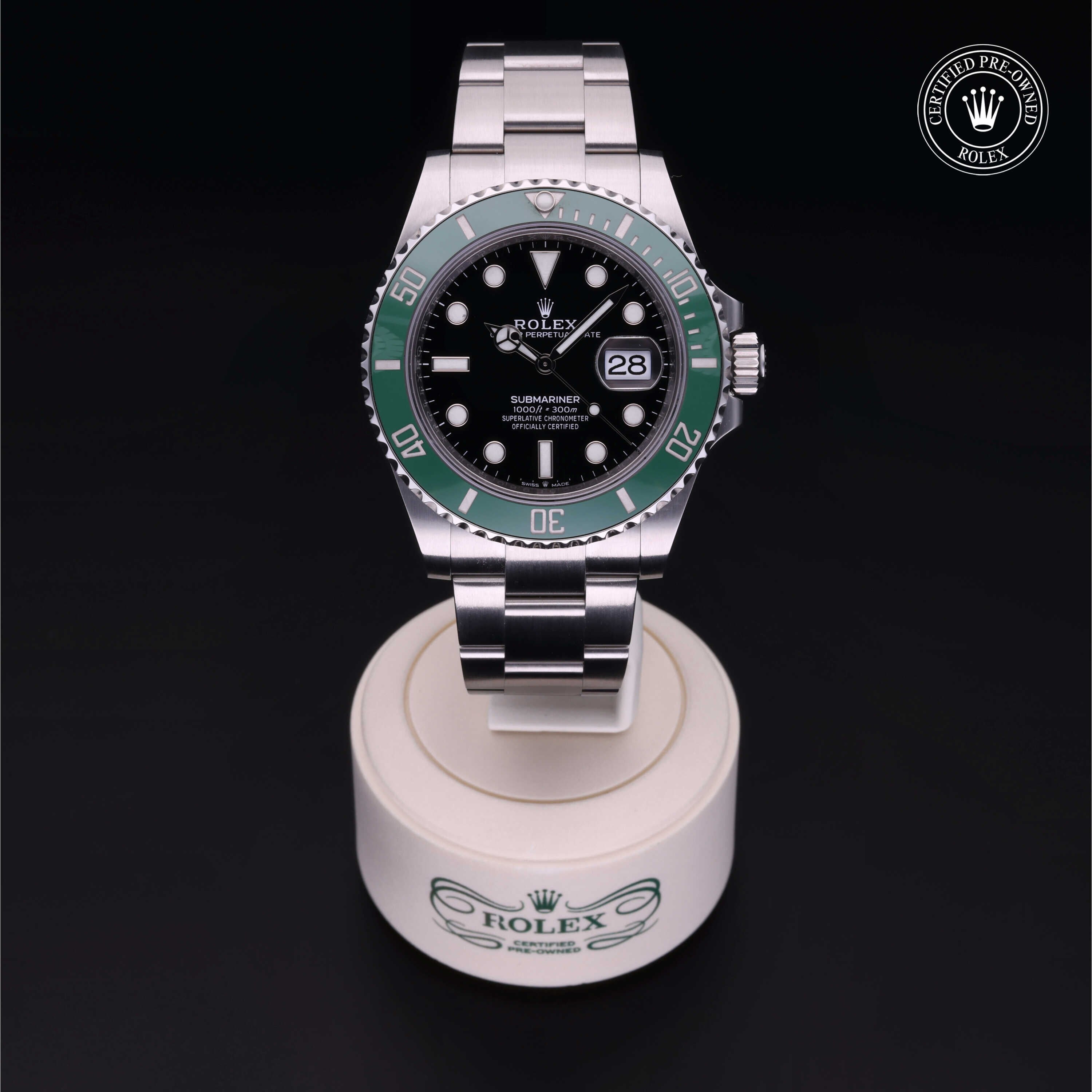 Rolex Certified Pre-owned Submariner M126610LV-0002 front on black background