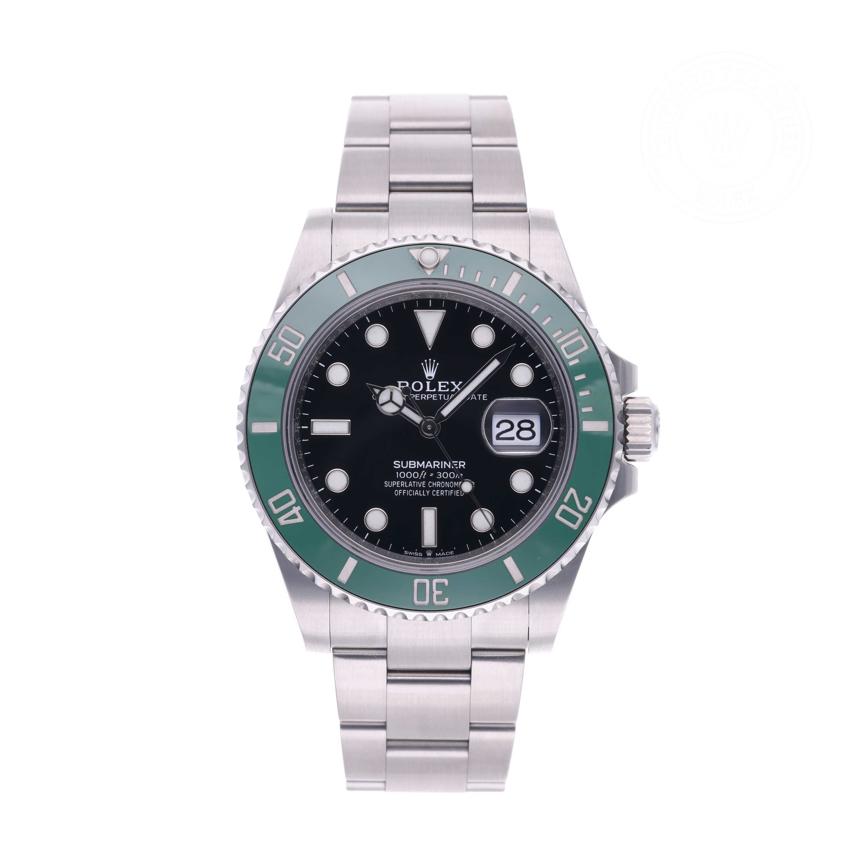 Rolex Certified Pre-owned Submariner M126610LV-0002 front on white background