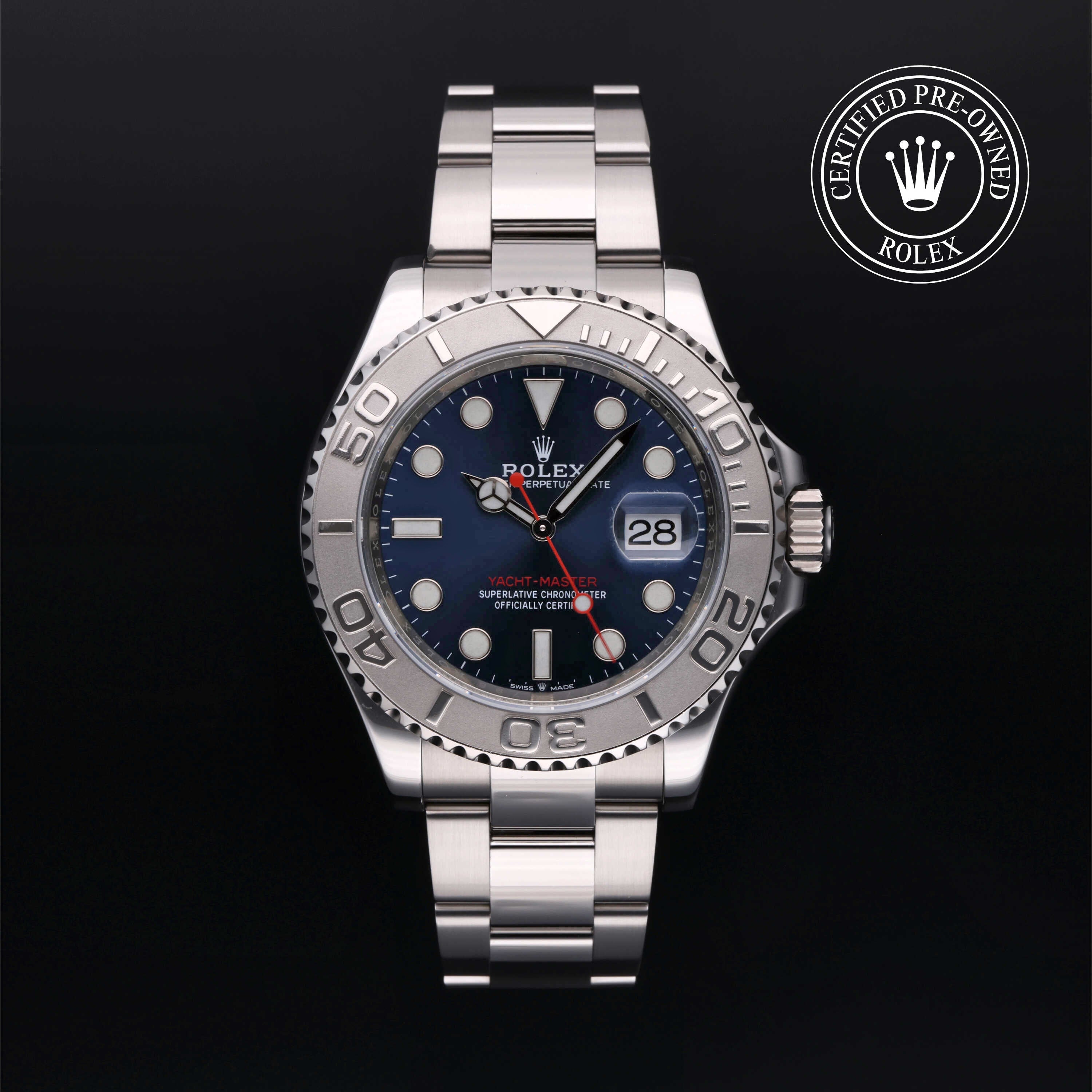 Rolex Certified Pre-owned Yacht-Master M126622-0002 front on black background