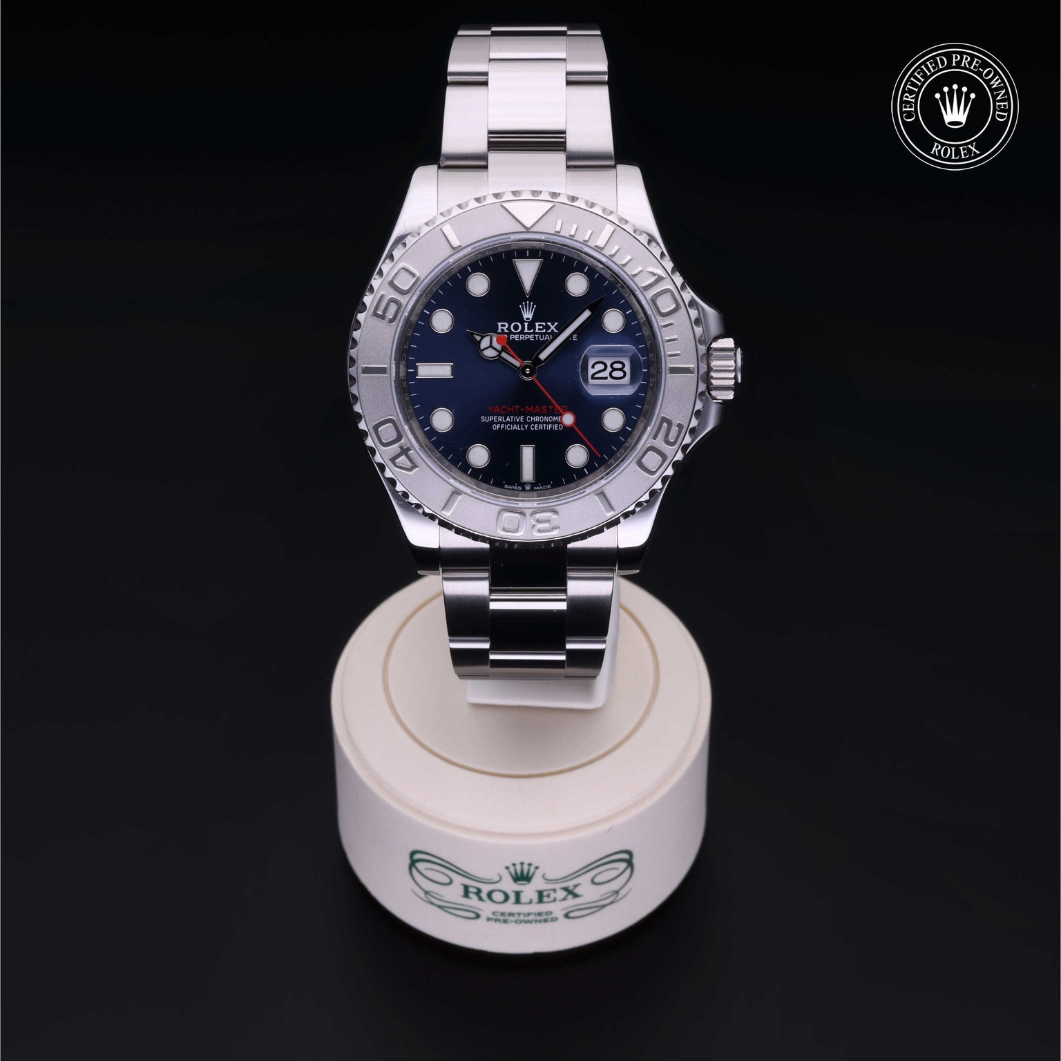 Rolex Certified Pre-owned Yacht-Master M126622-0002 front on black background