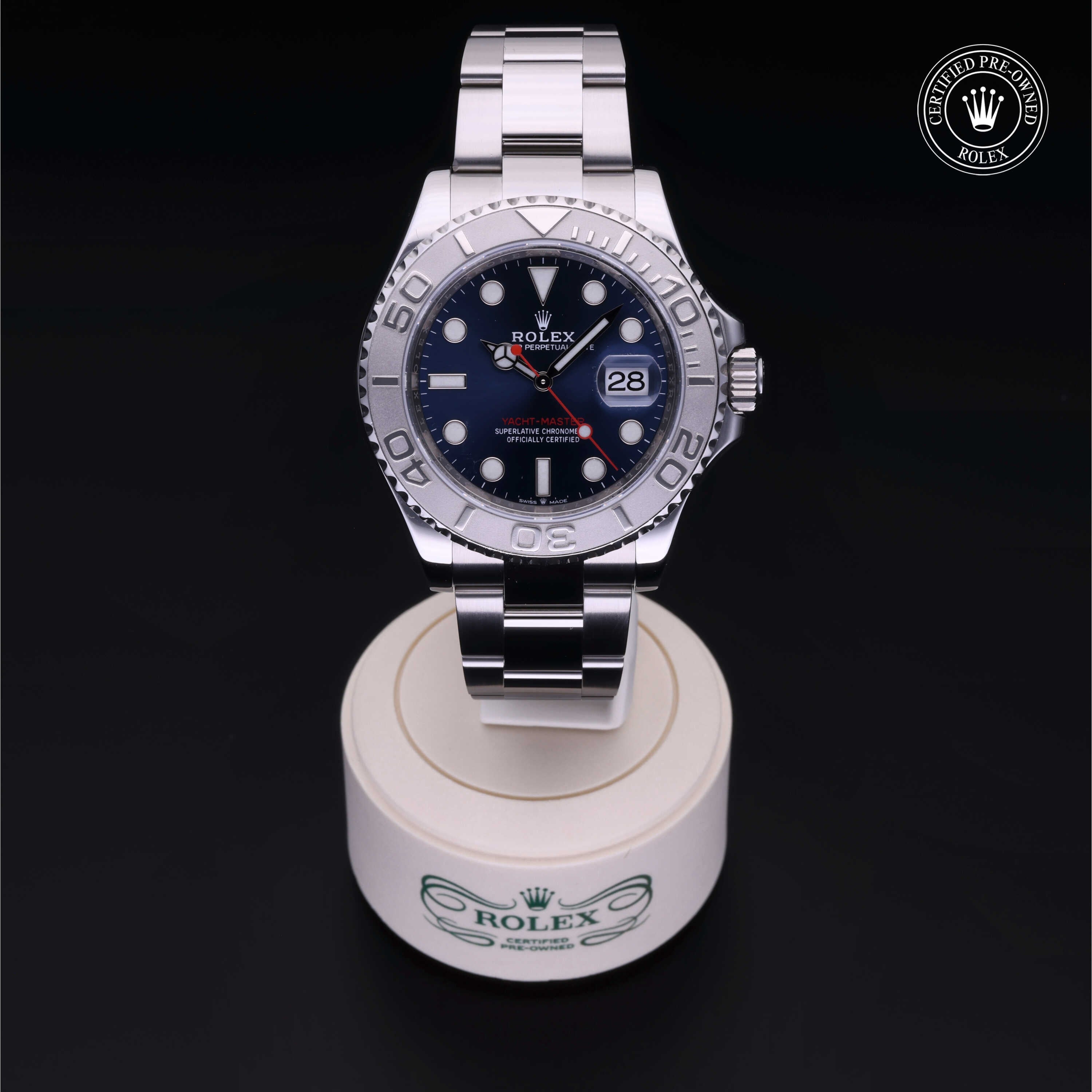 Rolex Certified Pre-owned Yacht-Master M126622-0002 front on black background