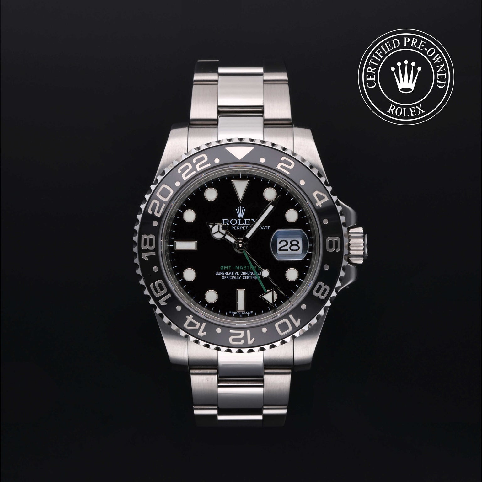 Rolex Certified Pre-owned GMT II M116710LN-0001 front on black background