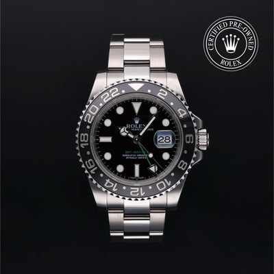 Rolex Certified Pre-owned GMT II M116710LN-0001 front on black background