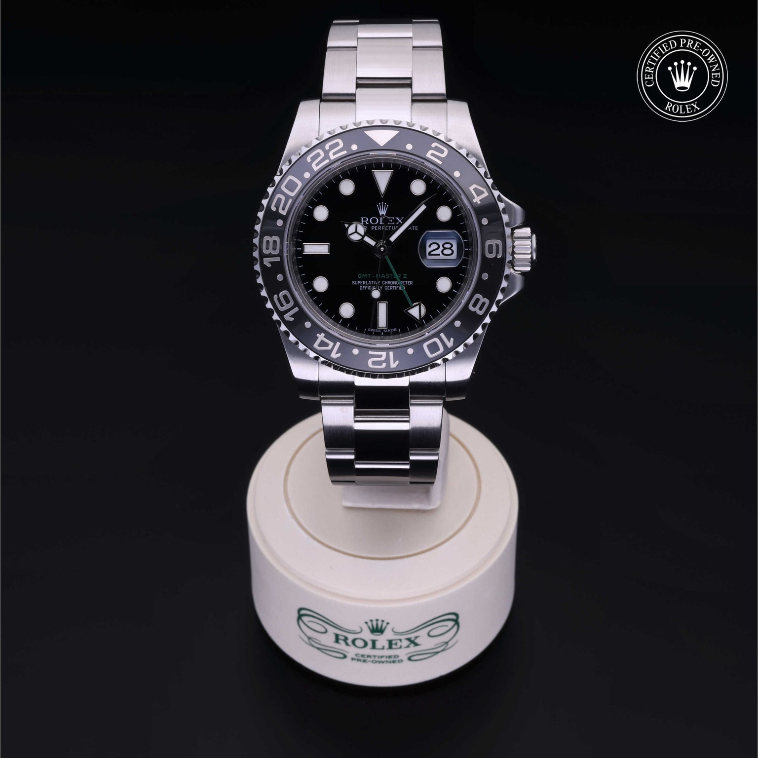 Rolex Certified Pre-owned GMT II M116710LN-0001 front on black background
