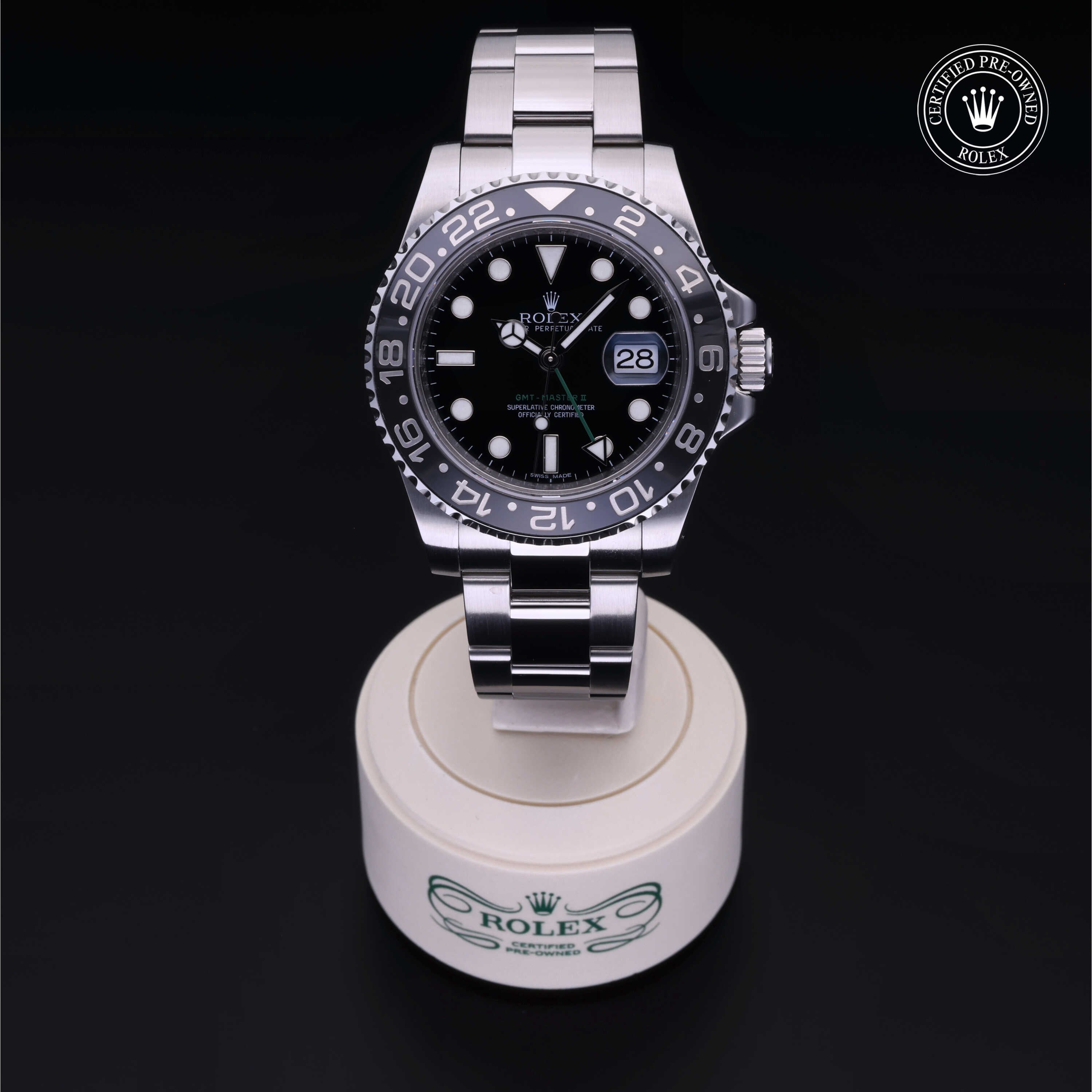 Rolex Certified Pre-owned GMT II M116710LN-0001 front on black background