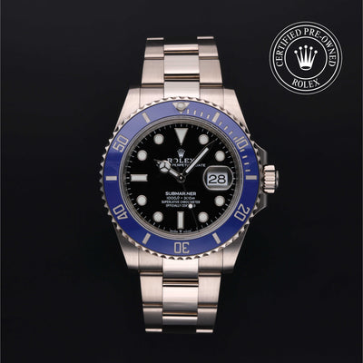 Rolex Certified Pre-owned Submariner Date M126619LB-0003 front on black background