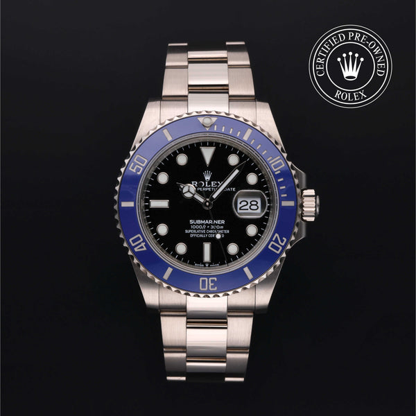 Rolex Certified Pre-owned Submariner Date M126619LB-0003 front on black background