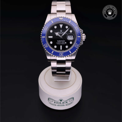 Rolex Certified Pre-owned Submariner Date M126619LB-0003 front on black background