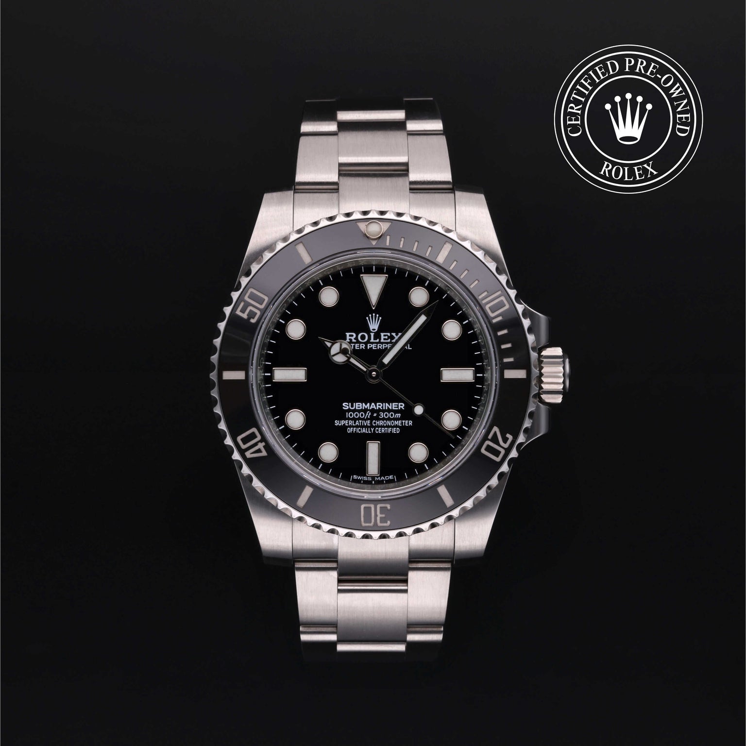 Rolex Certified Pre-owned Submariner Non Date M114060-0002 front on black background