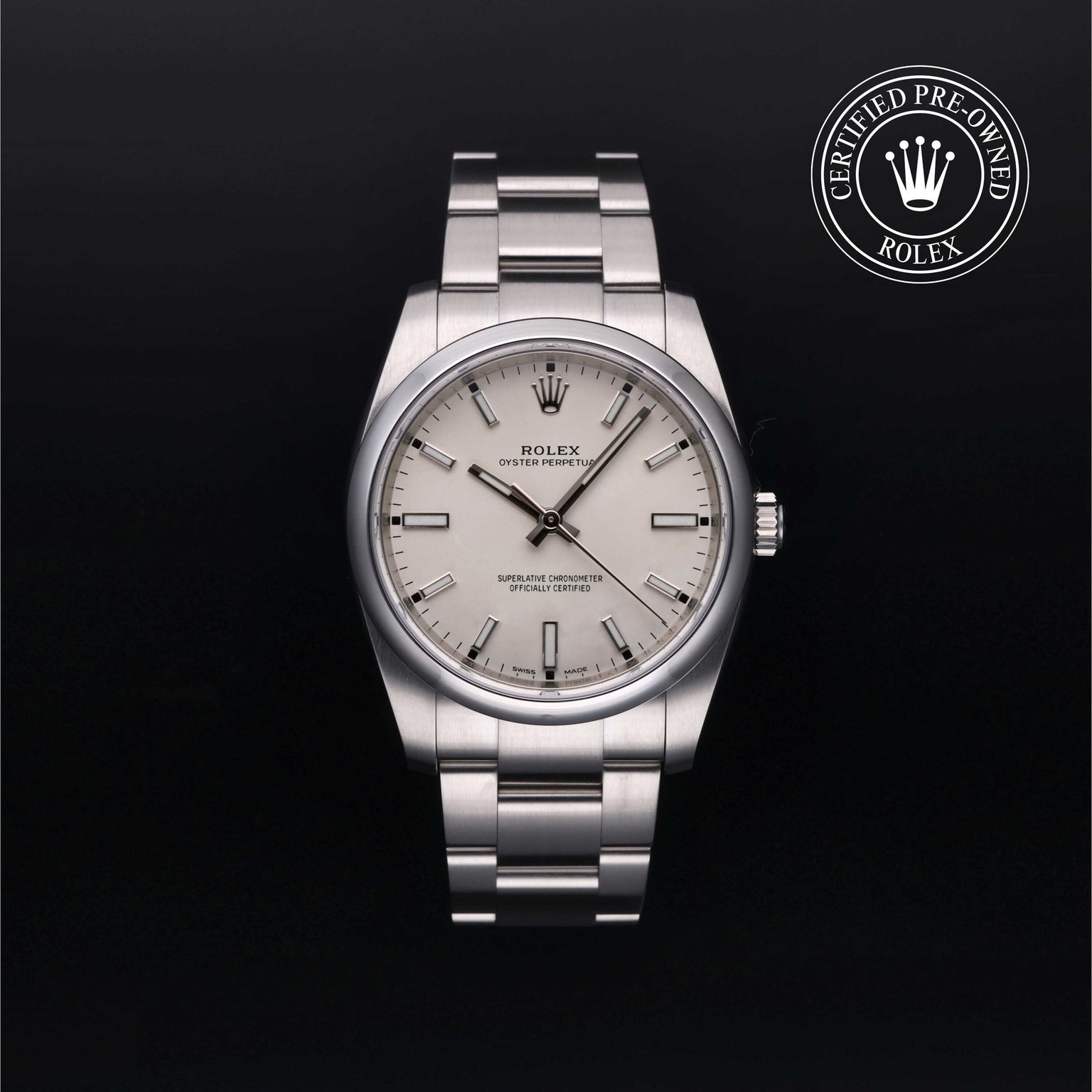 Rolex Certified Pre-owned Oyster Perpetual M114200-0024 front on black background