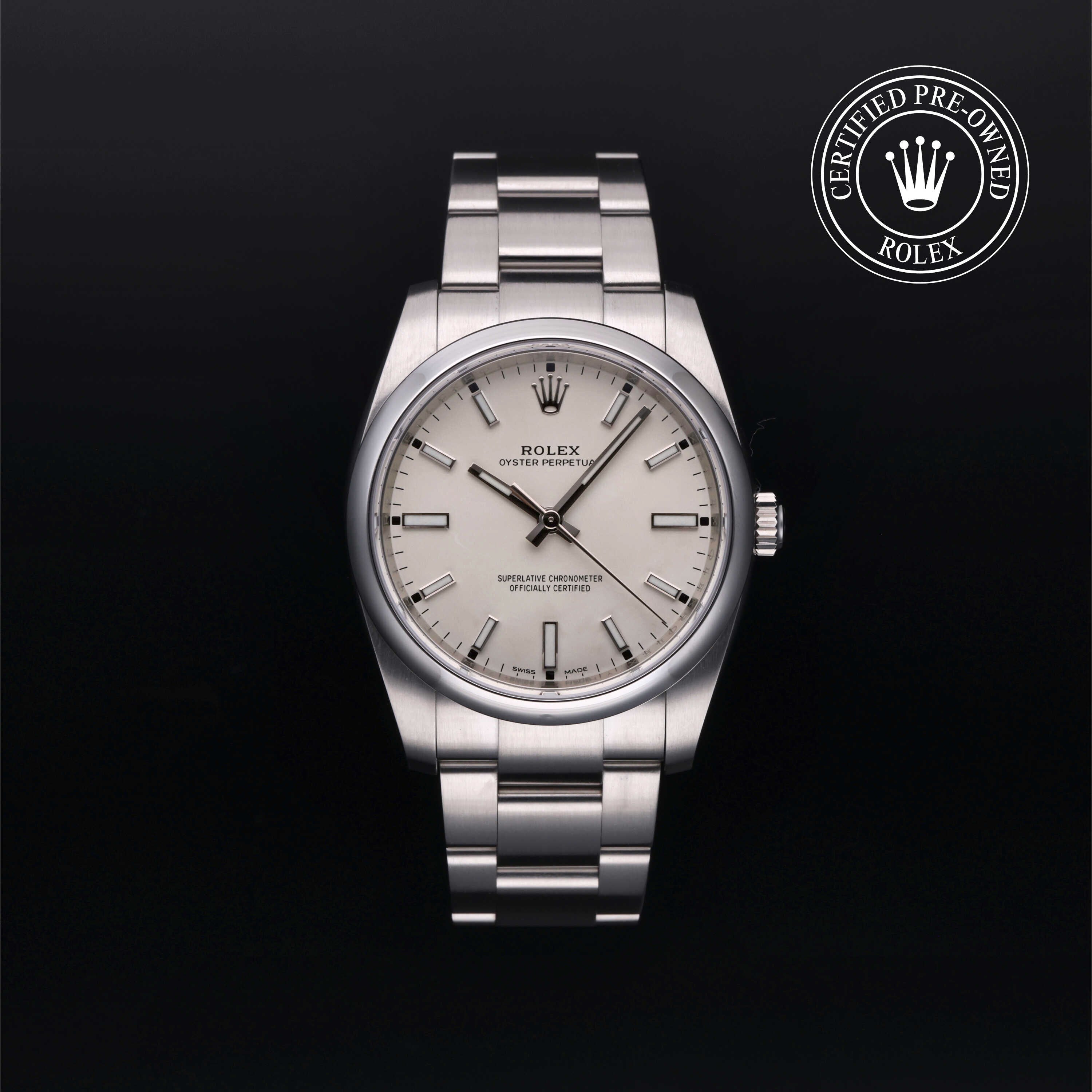 Rolex Certified Pre-owned Oyster Perpetual M114200-0024 front on black background