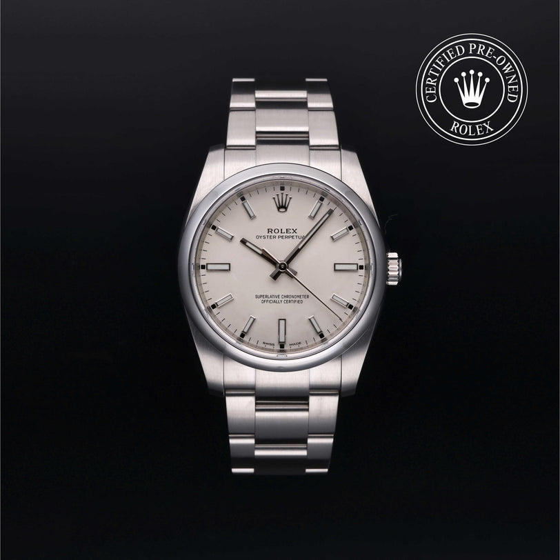 Rolex Certified Pre-owned Oyster Perpetual M114200-0024 front on black background