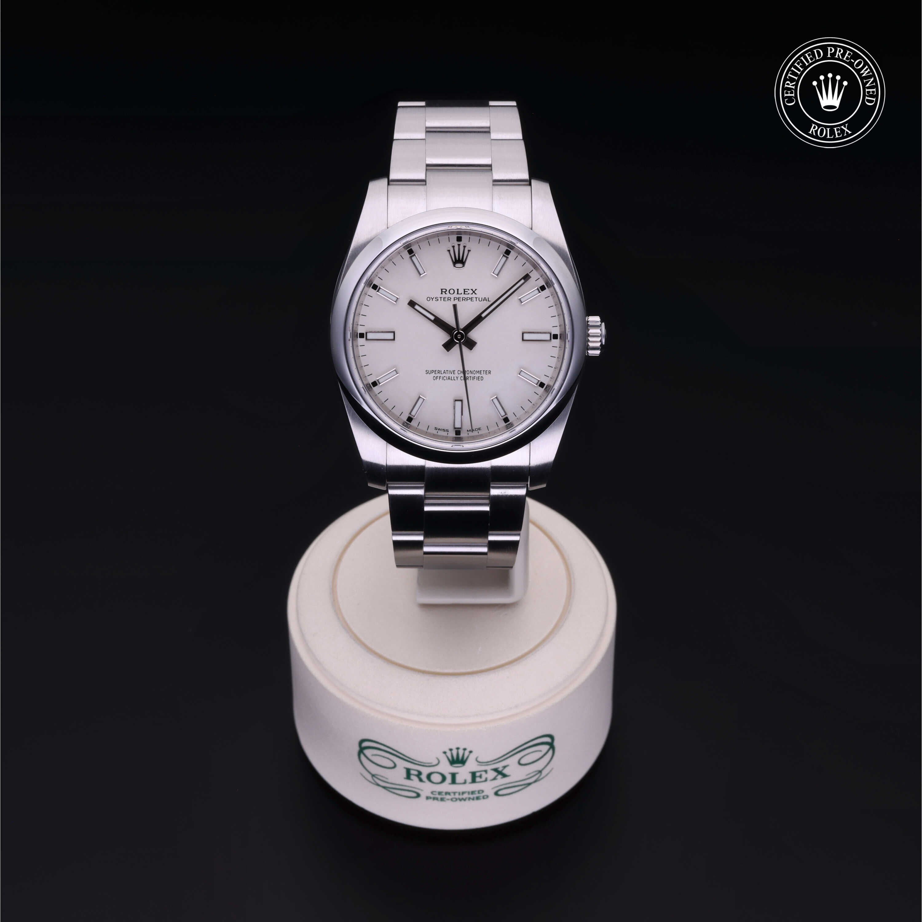 Rolex Certified Pre-owned Oyster Perpetual M114200-0024 front on black background
