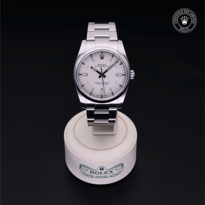 Rolex Certified Pre-owned Oyster Perpetual M114200-0024 front on black background