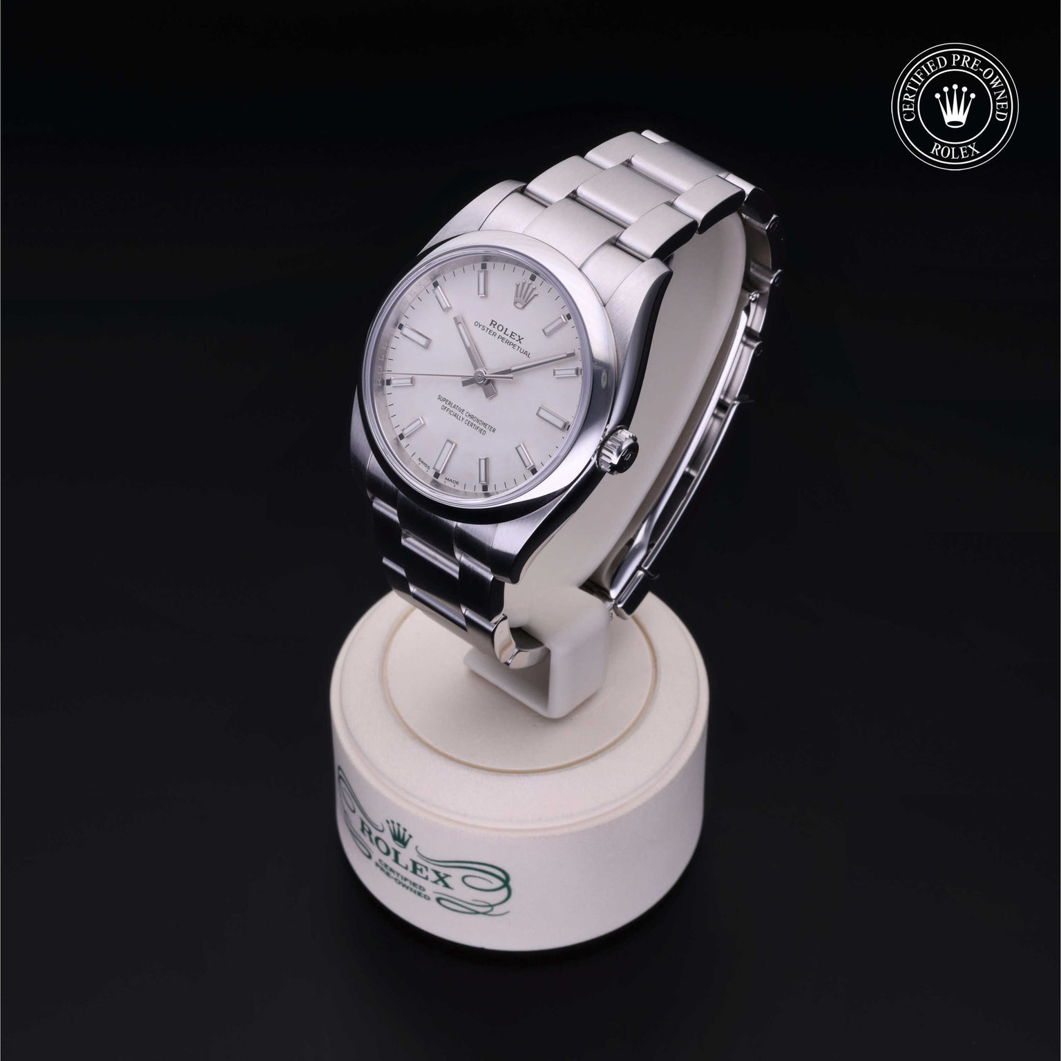 Rolex Certified Pre-owned Oyster Perpetual M114200-0024 front on black background
