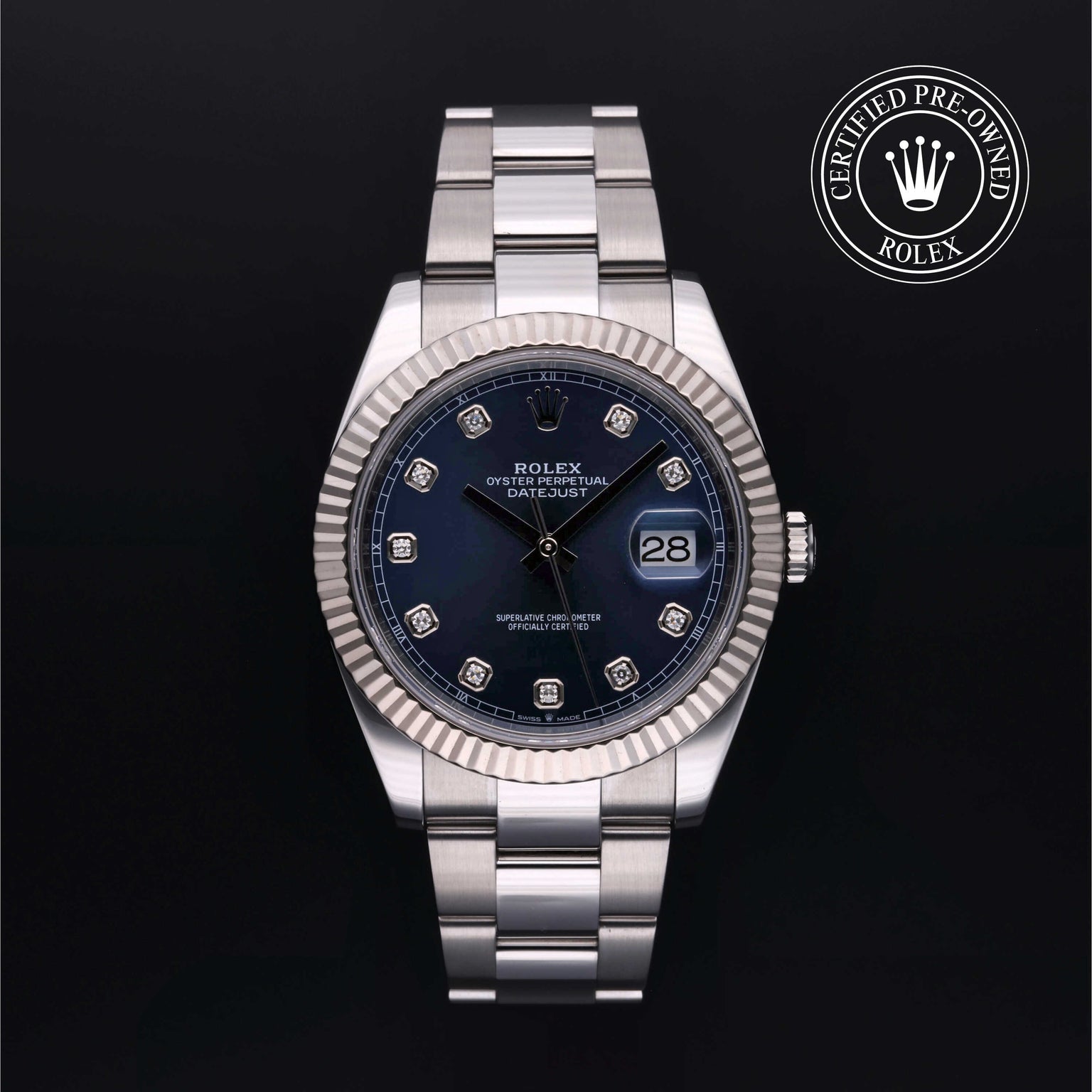 Rolex Certified Pre-owned Datejust M126334-0015 front on black background