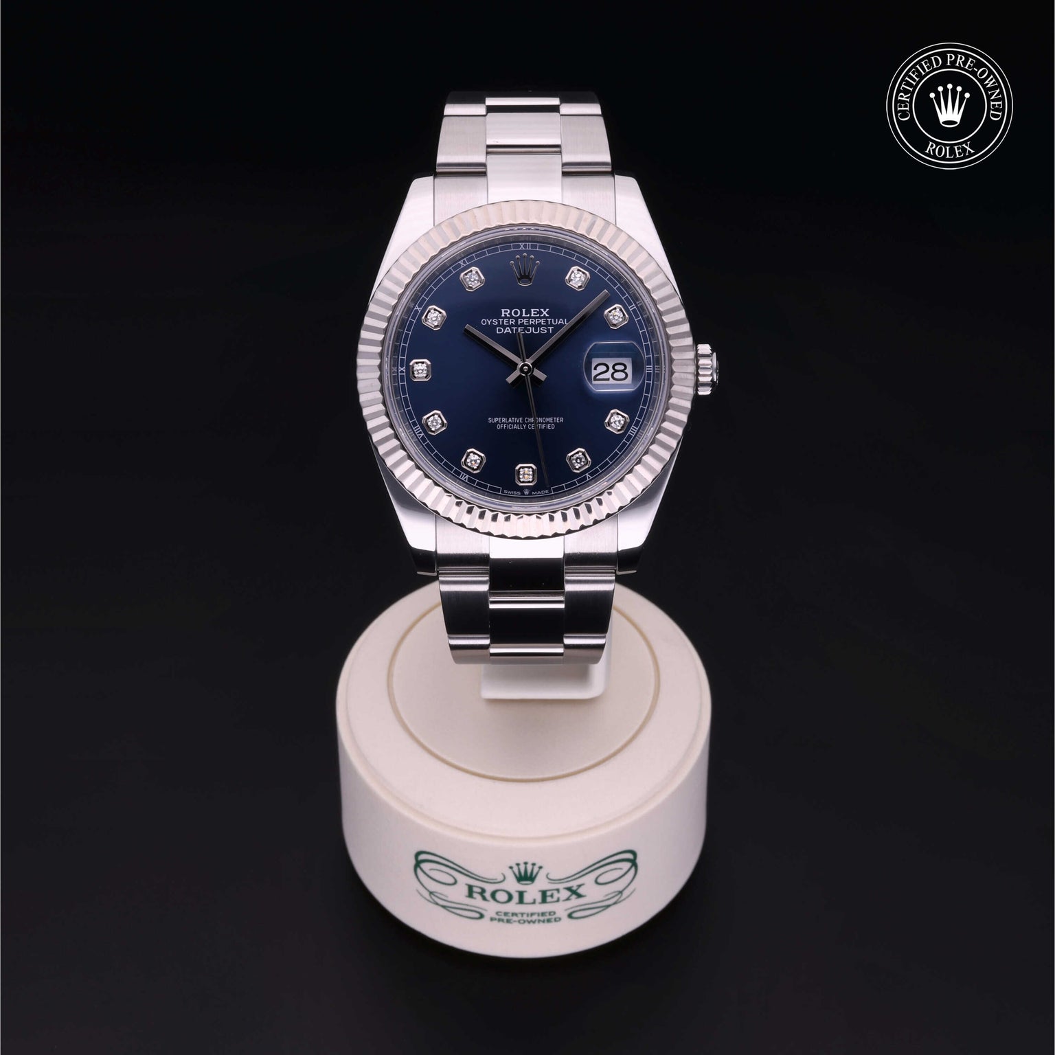Rolex Certified Pre-owned Datejust M126334-0015 front on black background