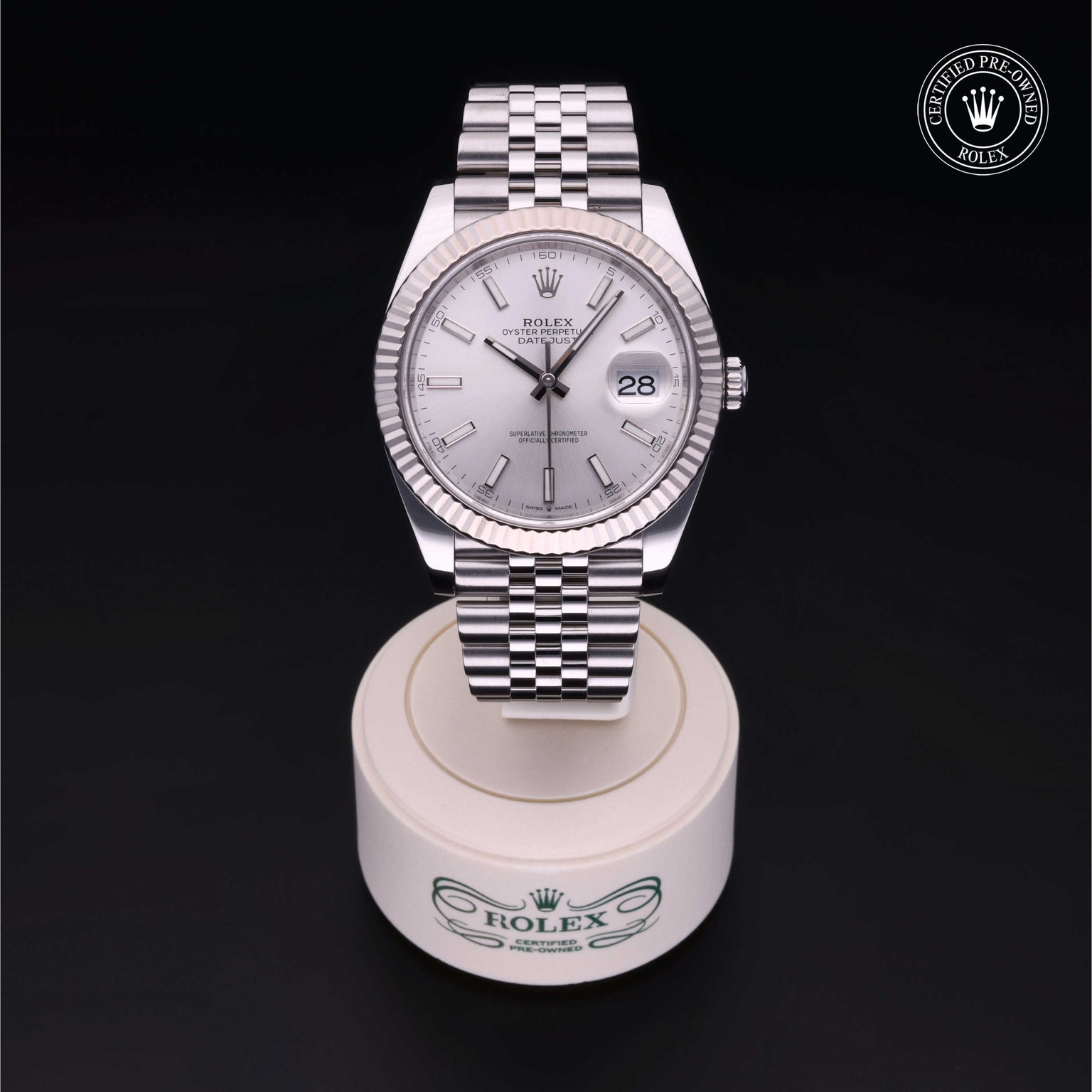 Rolex Certified Pre-owned Datejust M126334-0004 front on black background