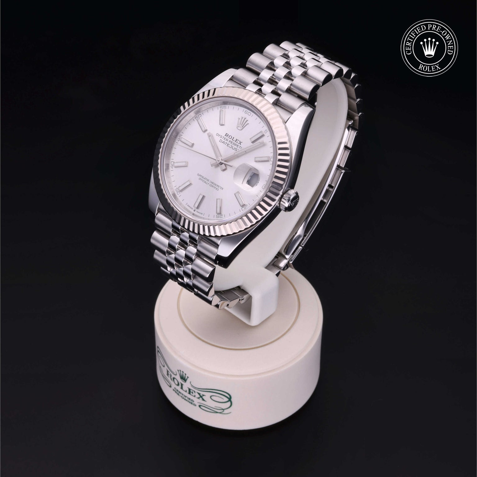 Rolex Certified Pre-owned Datejust M126334-0004 front on black background