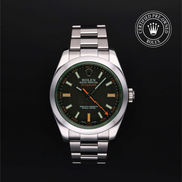 Rolex Certified Pre-owned Milgauss M116400GV-0001 front on black background