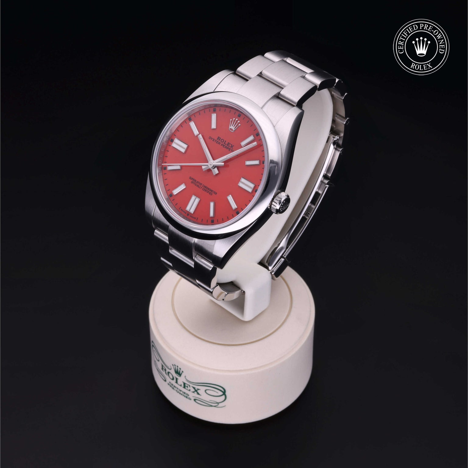 Rolex Certified Pre-owned Oyster Perpetual M124300-0007 front on black background