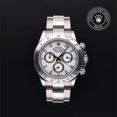 Rolex Certified Pre-owned Daytona M116520-0016 front on black background
