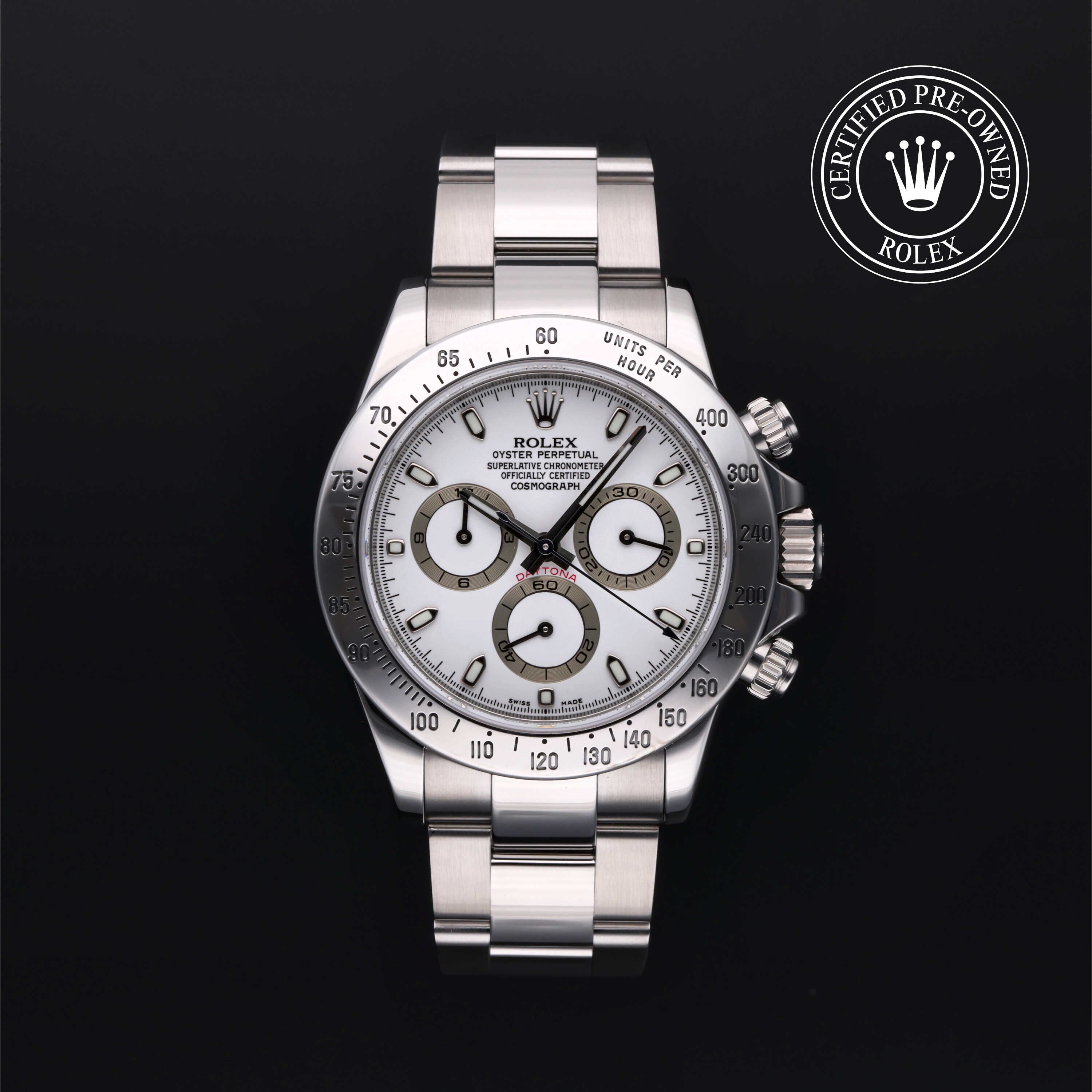 Rolex Certified Pre-owned Daytona M116520-0016 front on black background