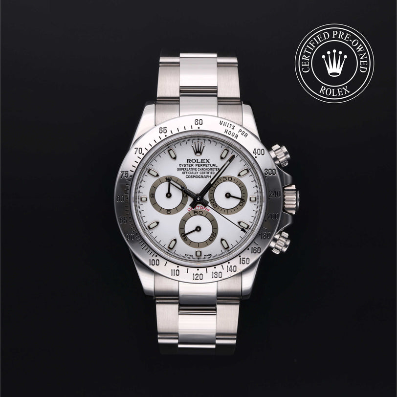 Rolex Certified Pre-owned Daytona M116520-0016 front on black background