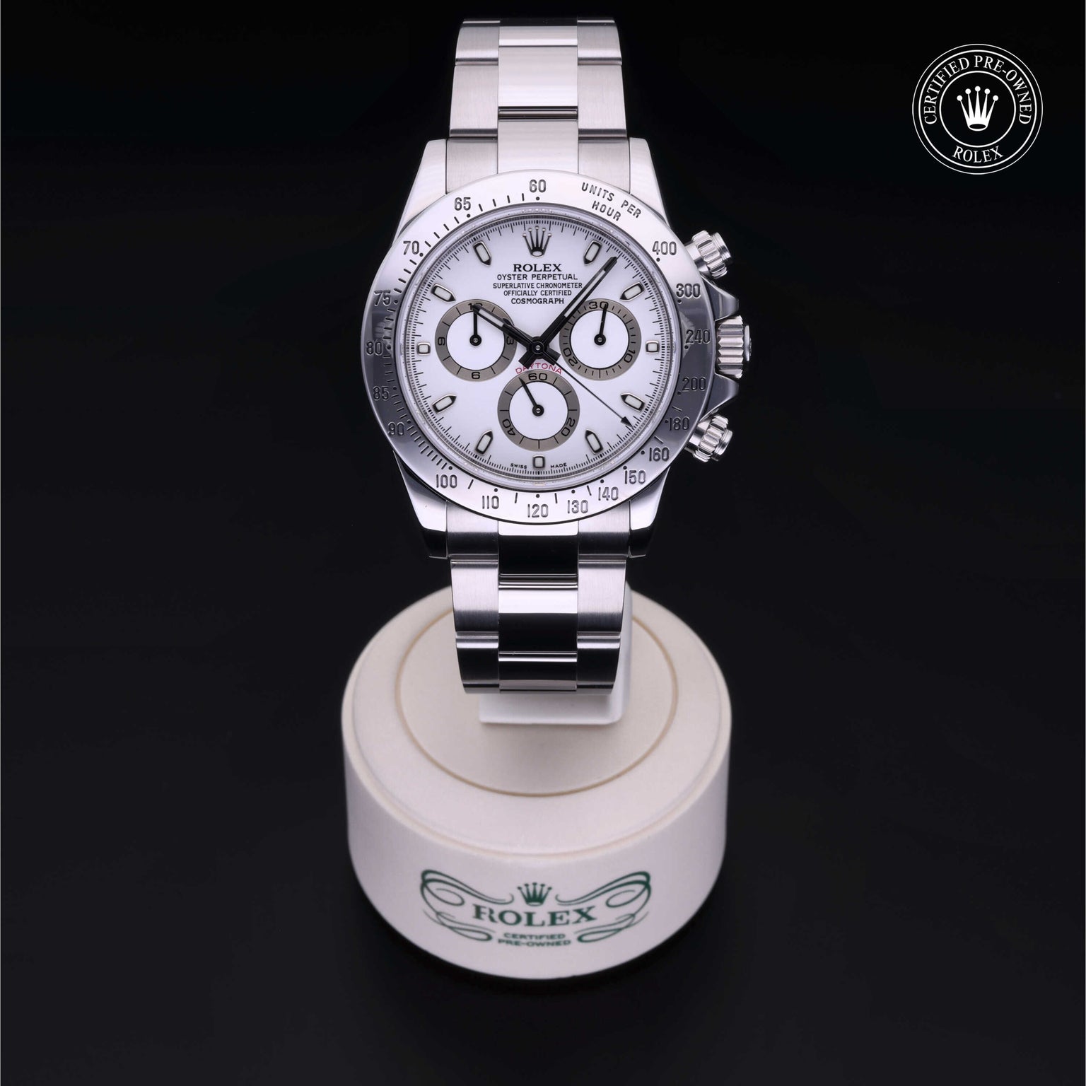 Rolex Certified Pre-owned Daytona M116520-0016 front on black background