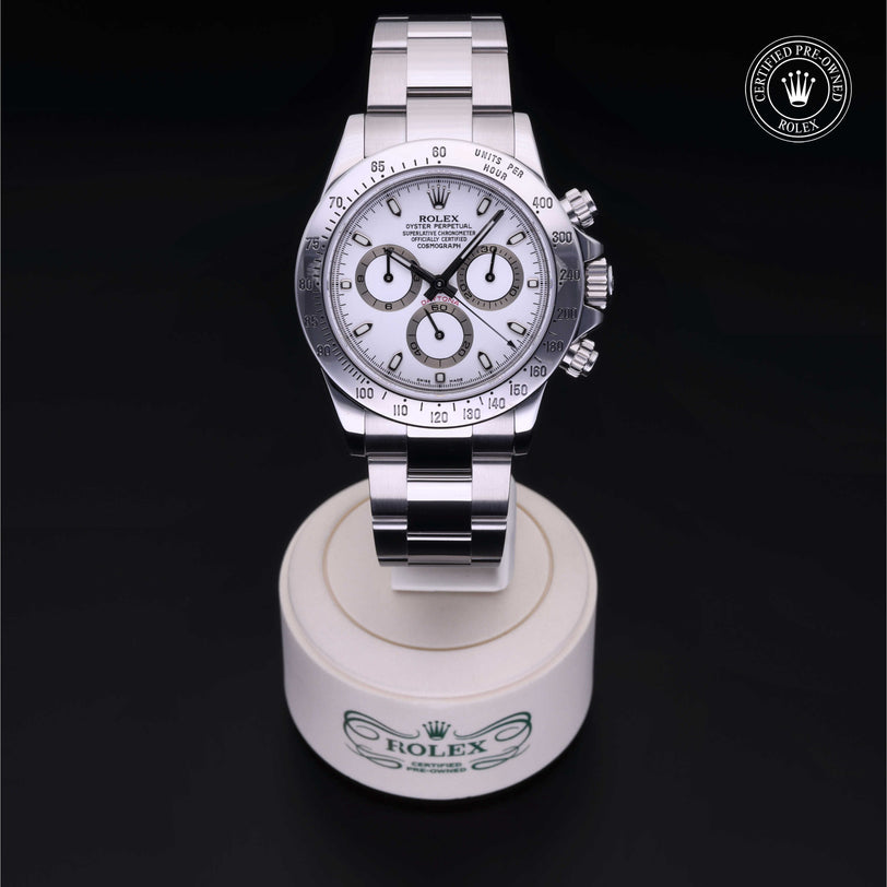 Rolex Certified Pre-owned Daytona M116520-0016 front on black background